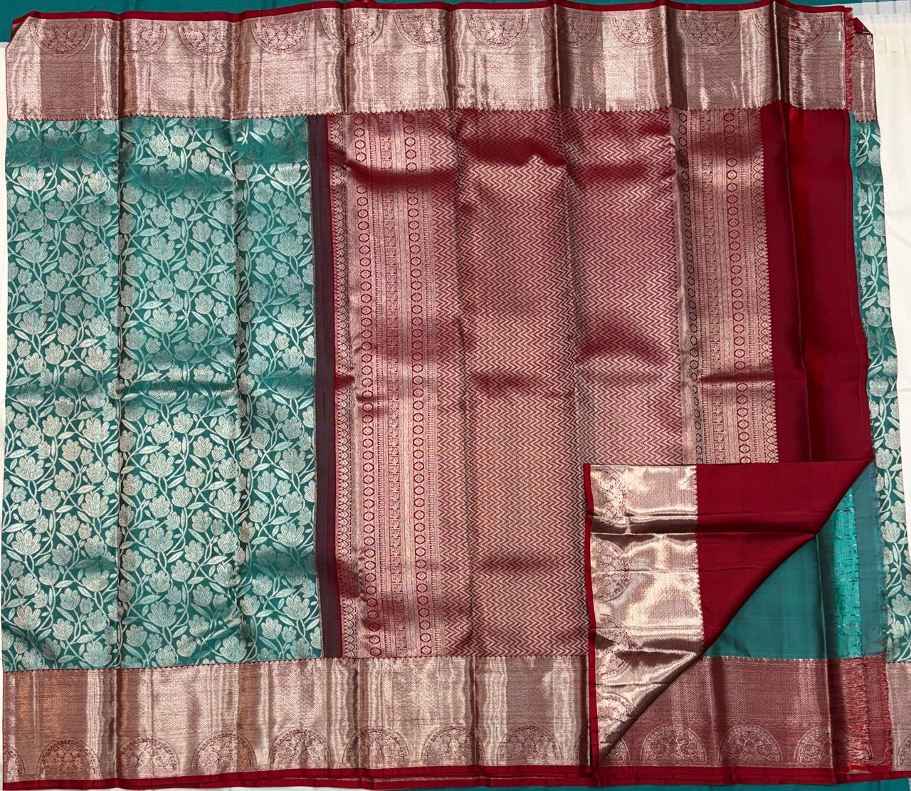 Handloom Kanchipuram Silk Saree – Teal & Red with Antique Zari Border