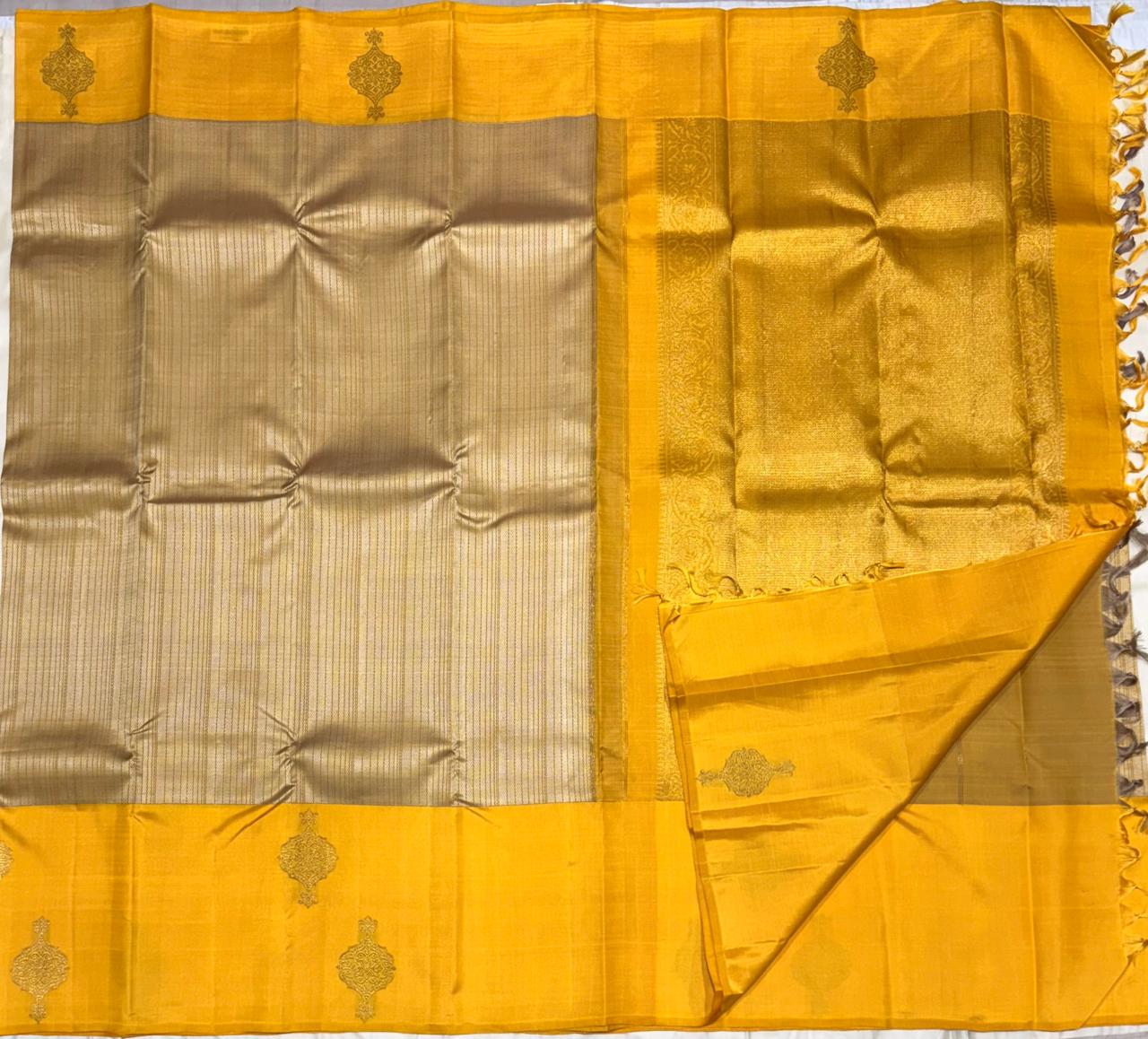 Mustard Yellow Kanchipuram Pure Silk Saree with Silver-Grey Border & Golden Zari Pallu – Handwoven & Silk Mark Certified