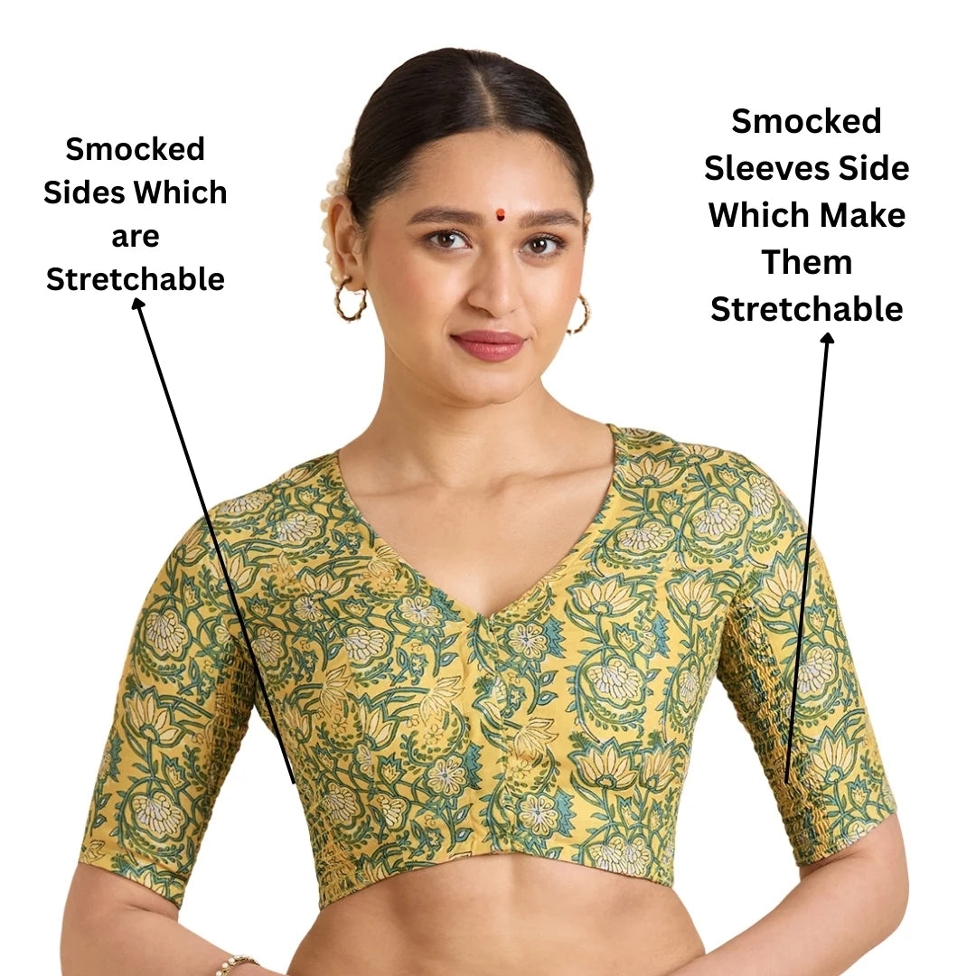 Yellow Printed Cotton Readymade Blouse with Smocked Sides