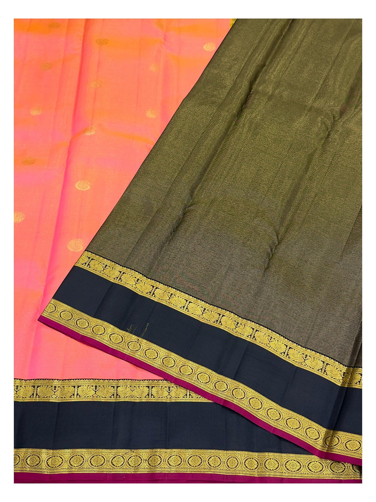 Coral Pink Handwoven Kanchipuram Silk Saree with Olive Green Pallu
