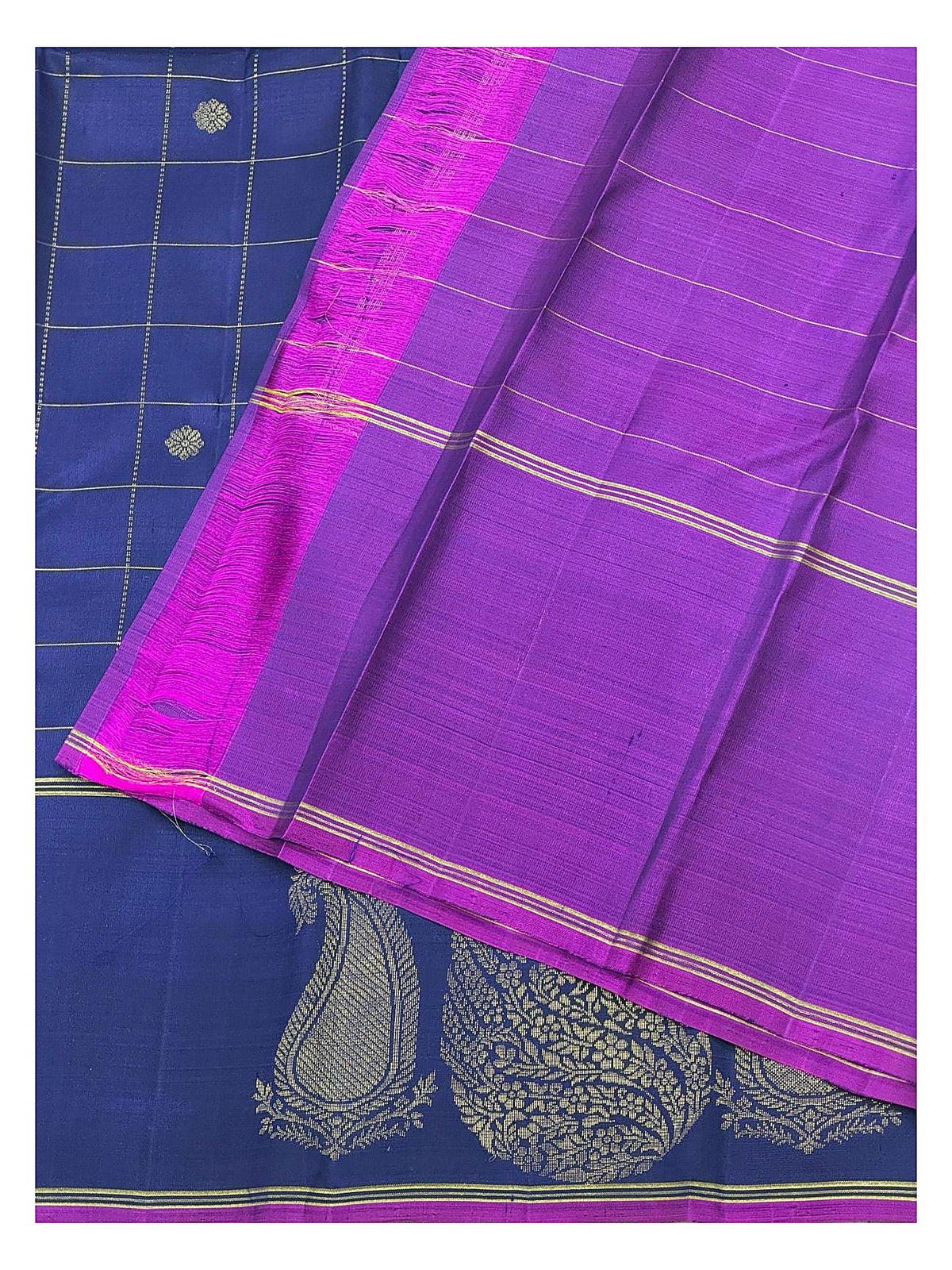 Deep Cobalt Blue Handwoven Kanchipuram Silk Saree with Gold Butta Checks and Violet Pink Contrast Pallu
