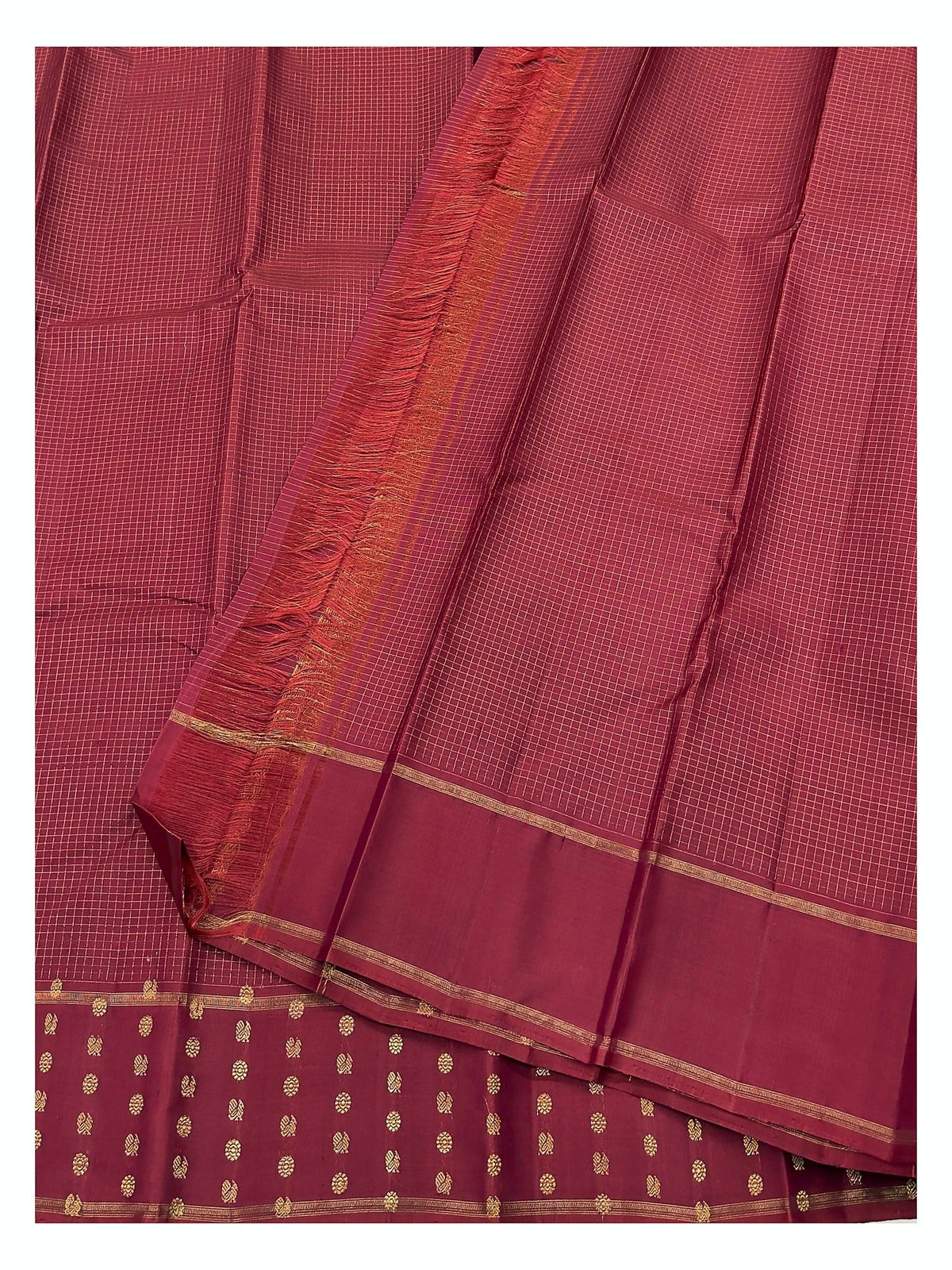 Deep Maroon Handwoven Kanchipuram Silk Saree with Gold Checks
