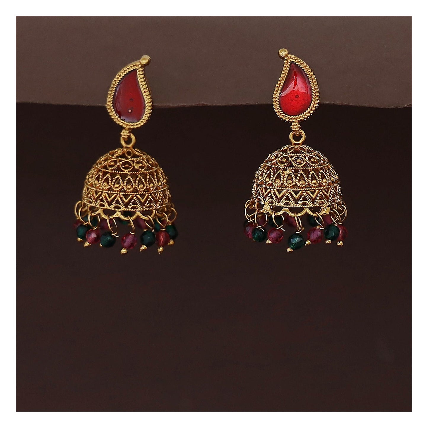 Enamel Beaded Jhumka Earrings - Tourmaline and Green Bead Detail front view