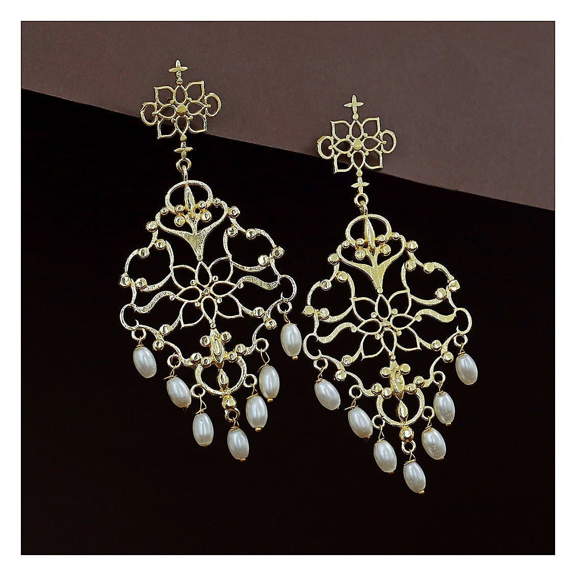 Filigree Pearl Drop Earrings - Gold Tone Openwork Design