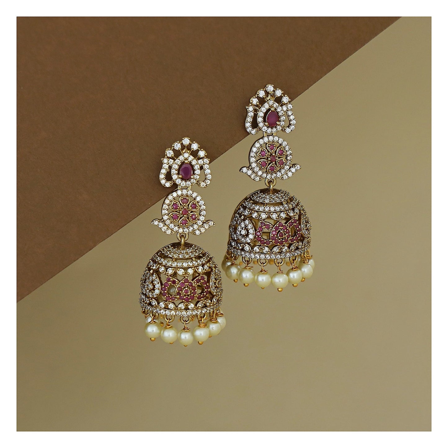 Floral Pearl Jhumka Earrings - Tourmaline Stone with Pearl Drops front view