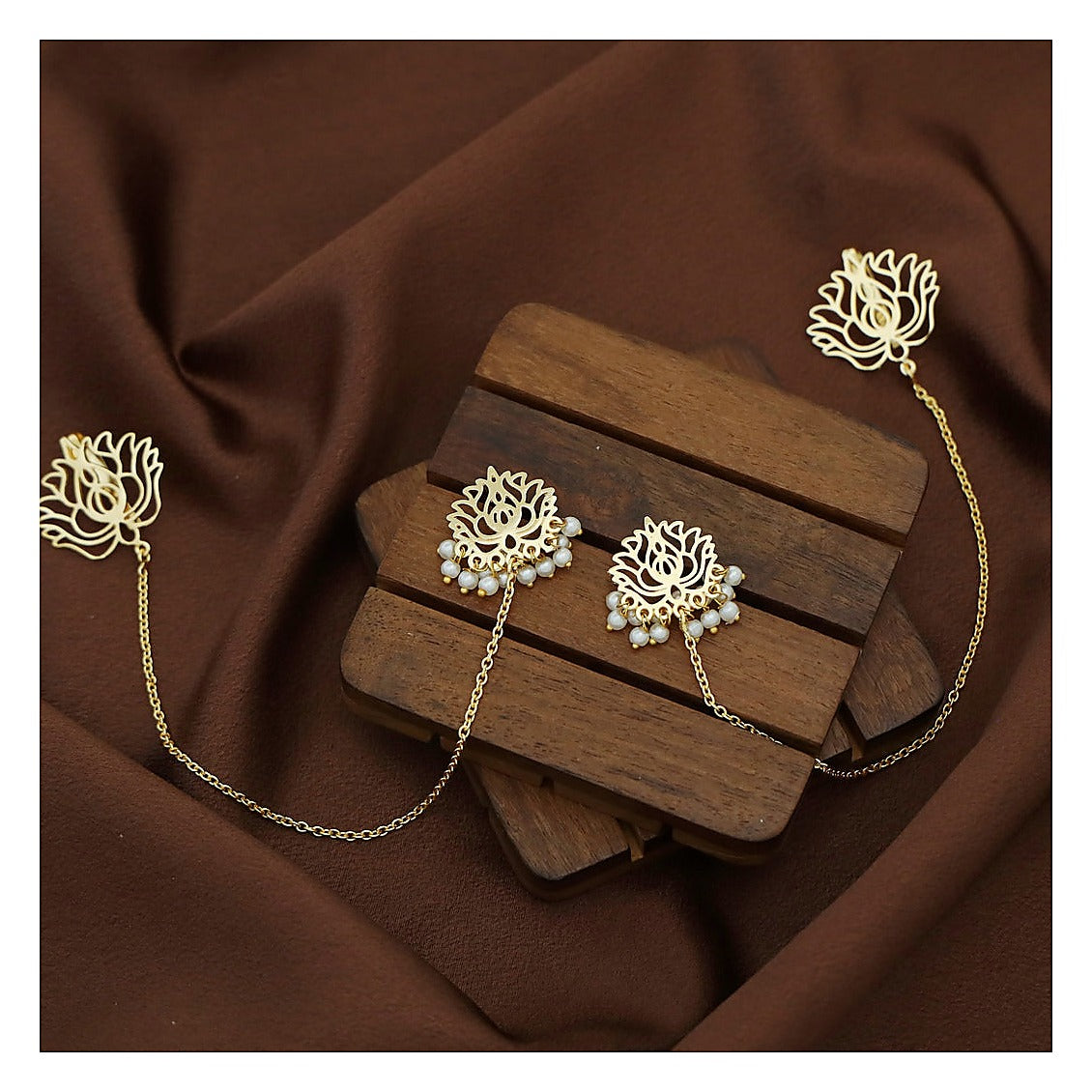 Golden Lotus Pearl Stud Earrings with Ear Chain Set