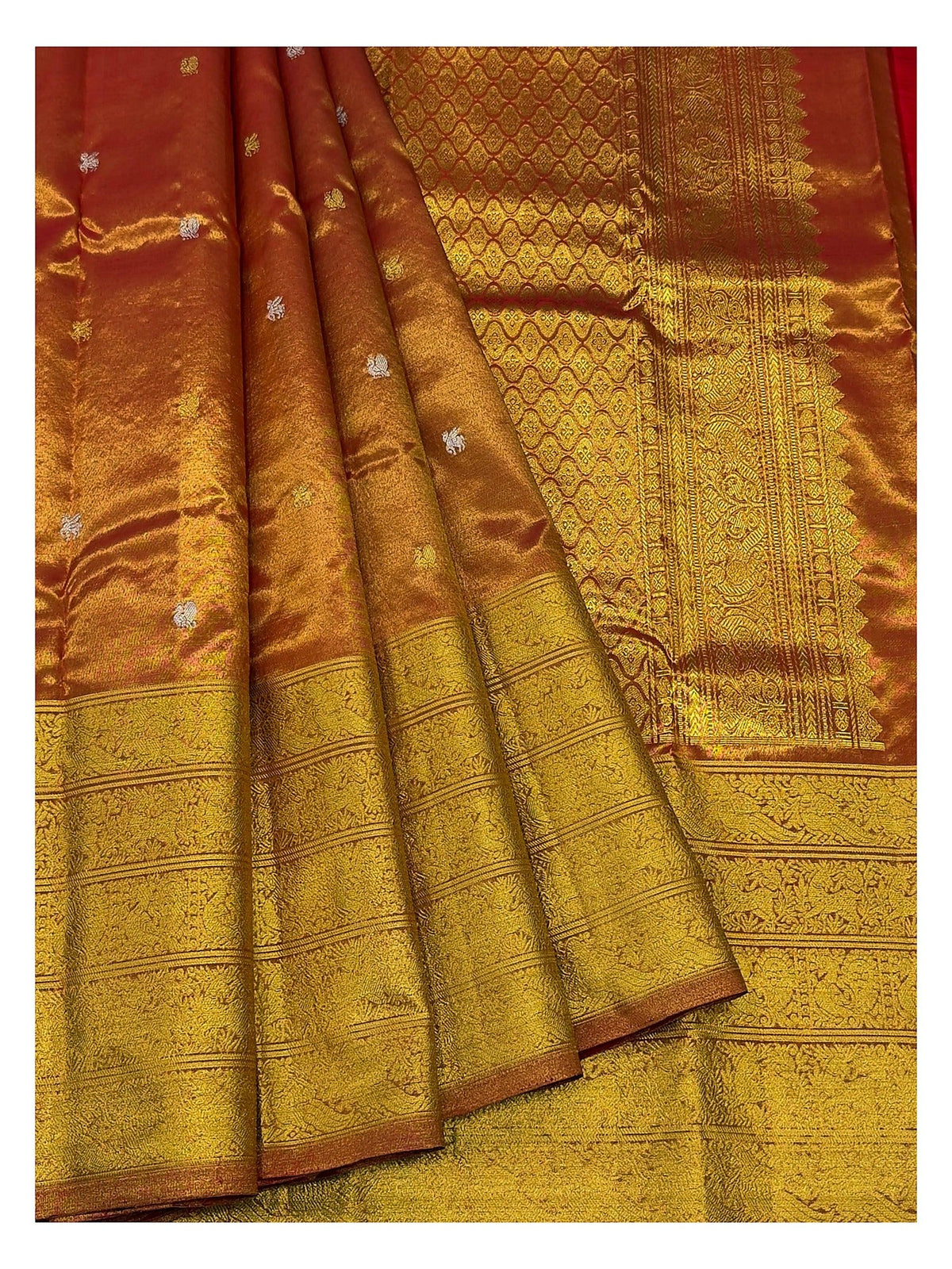 Handwoven Kanchipuram Silk Saree - Burnt Orange with Rich Gold Zari Border front view