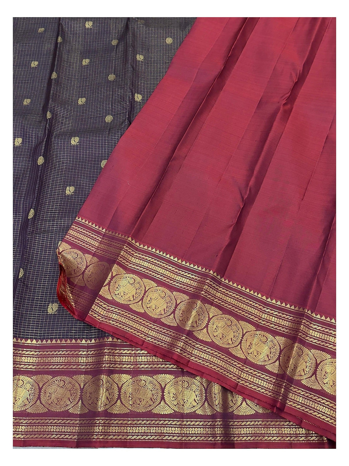 Handwoven Kanchipuram Silk Saree - Deep Navy with Maroon Elephant Border