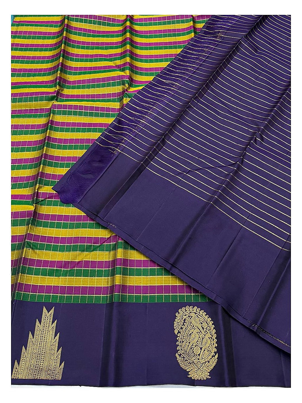 Handwoven Kanchipuram Silk Saree in Deep Violet with Multicolour Checks