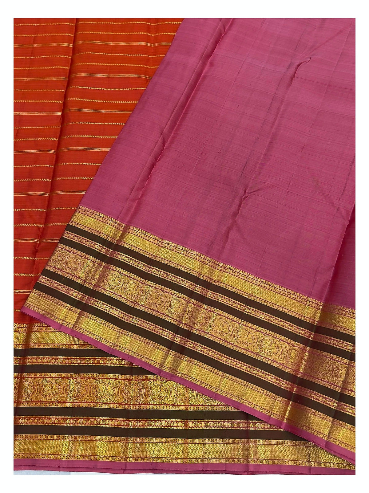 Handwoven Kanchipuram Silk Saree in Rust Orange with Pink Contrast Pallu