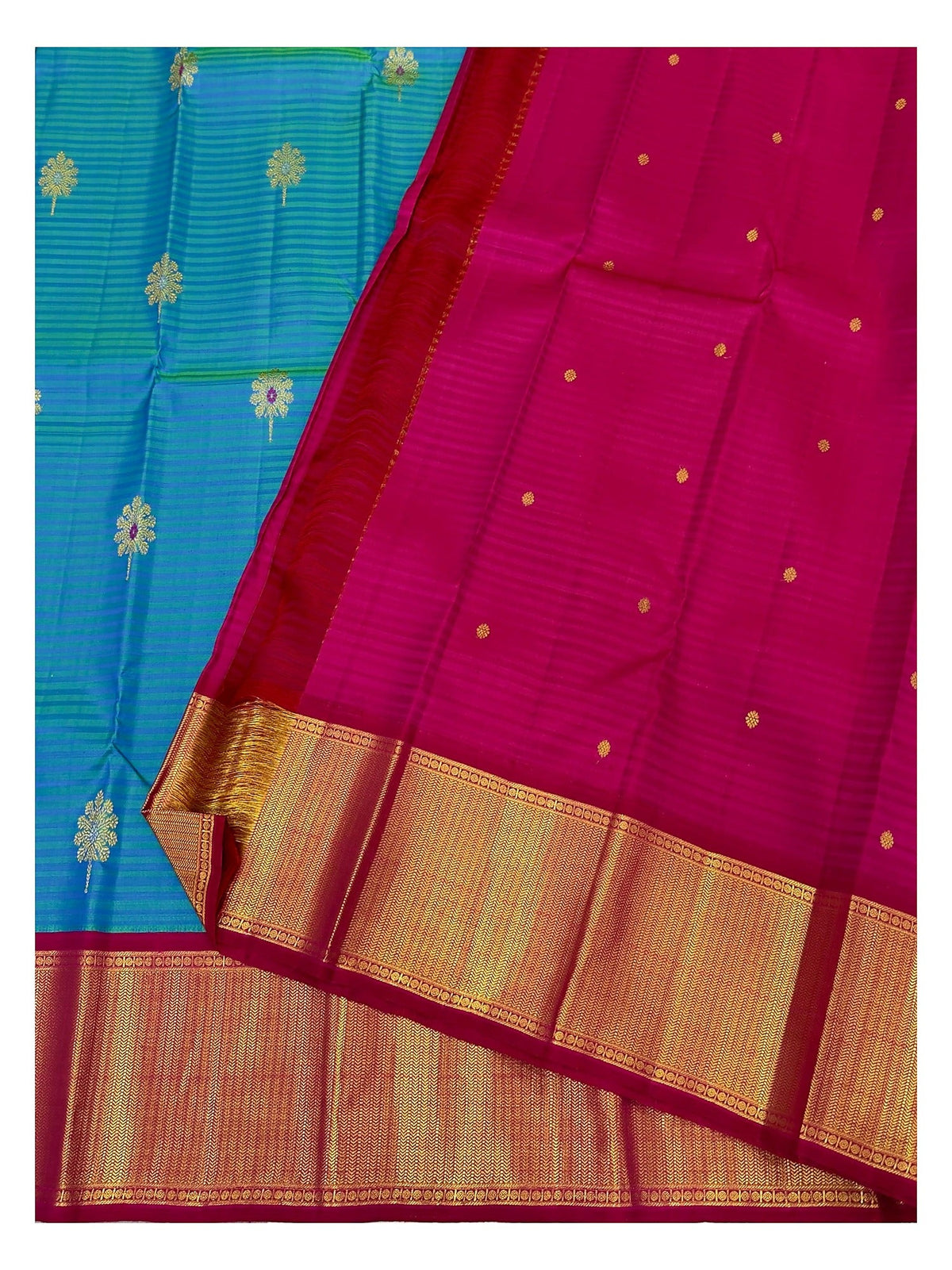 Contrast magenta pallu with gold-toned woven border alongside teal blue saree body