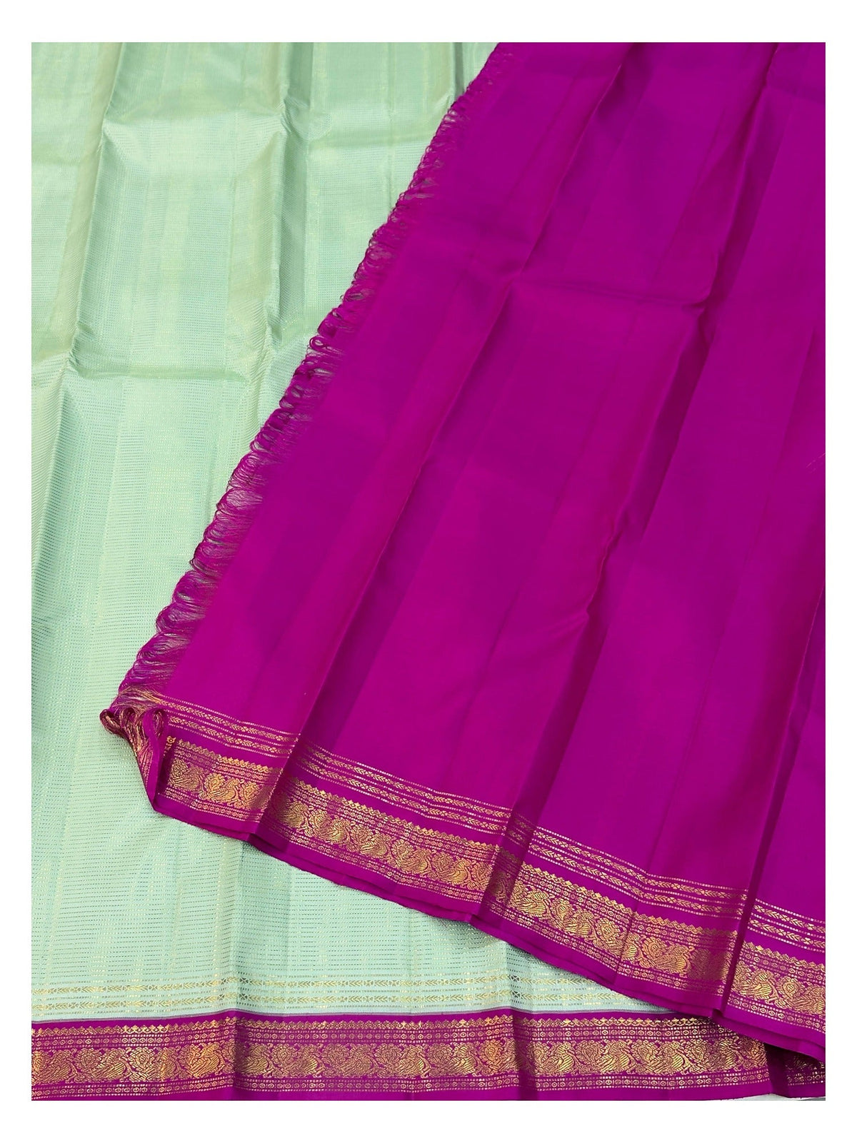 Handwoven Kanchipuram Silk Saree - Mint Green with Magenta Contrast Border