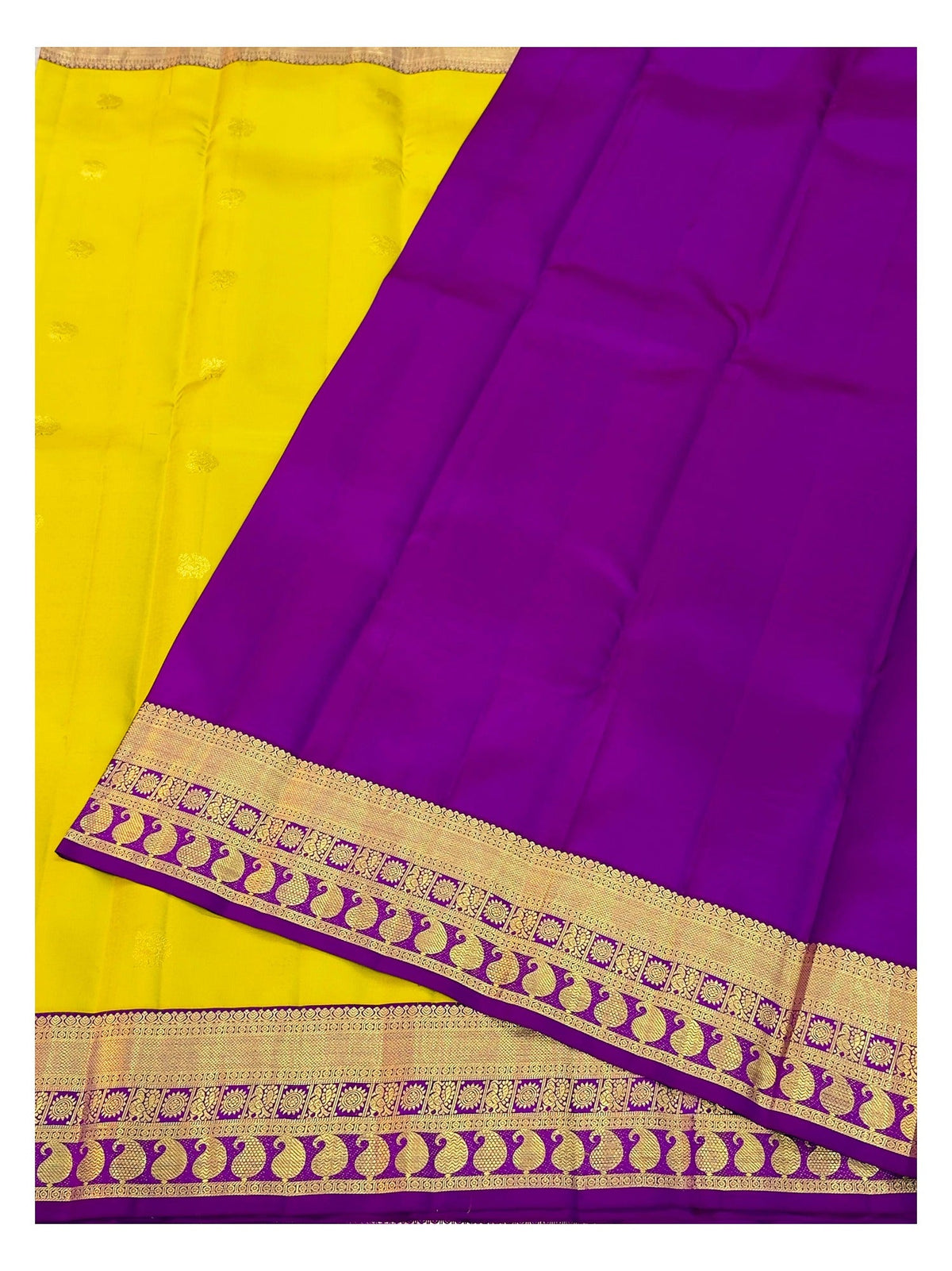 Handwoven Kanchipuram Silk Saree - Mustard Yellow with Magenta Peacock Border