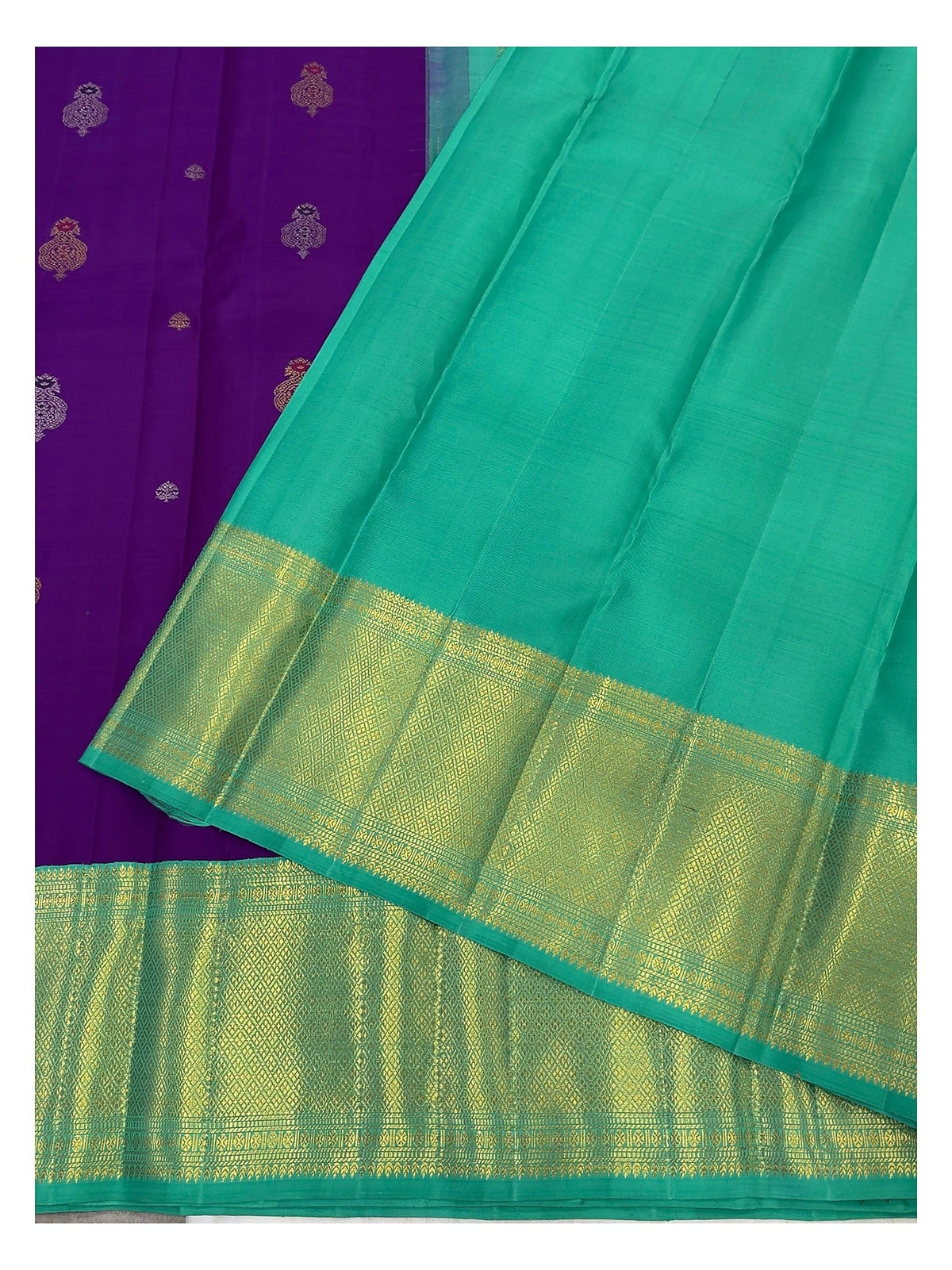 Handwoven Kanchipuram Silk Saree - Purple with Aqua Green Border