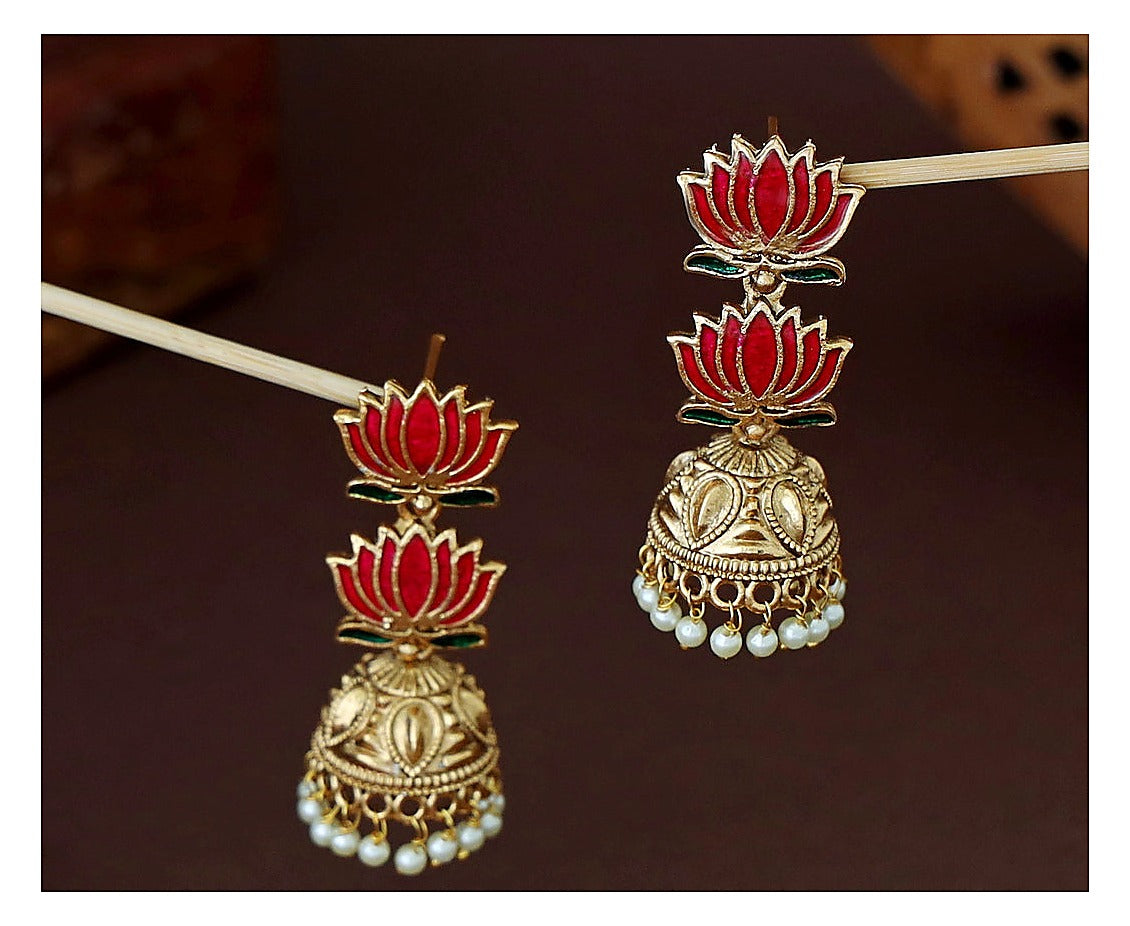 Jhumka Earrings - Gold Tone with Dual Lotus Enamel & Pearl Drops