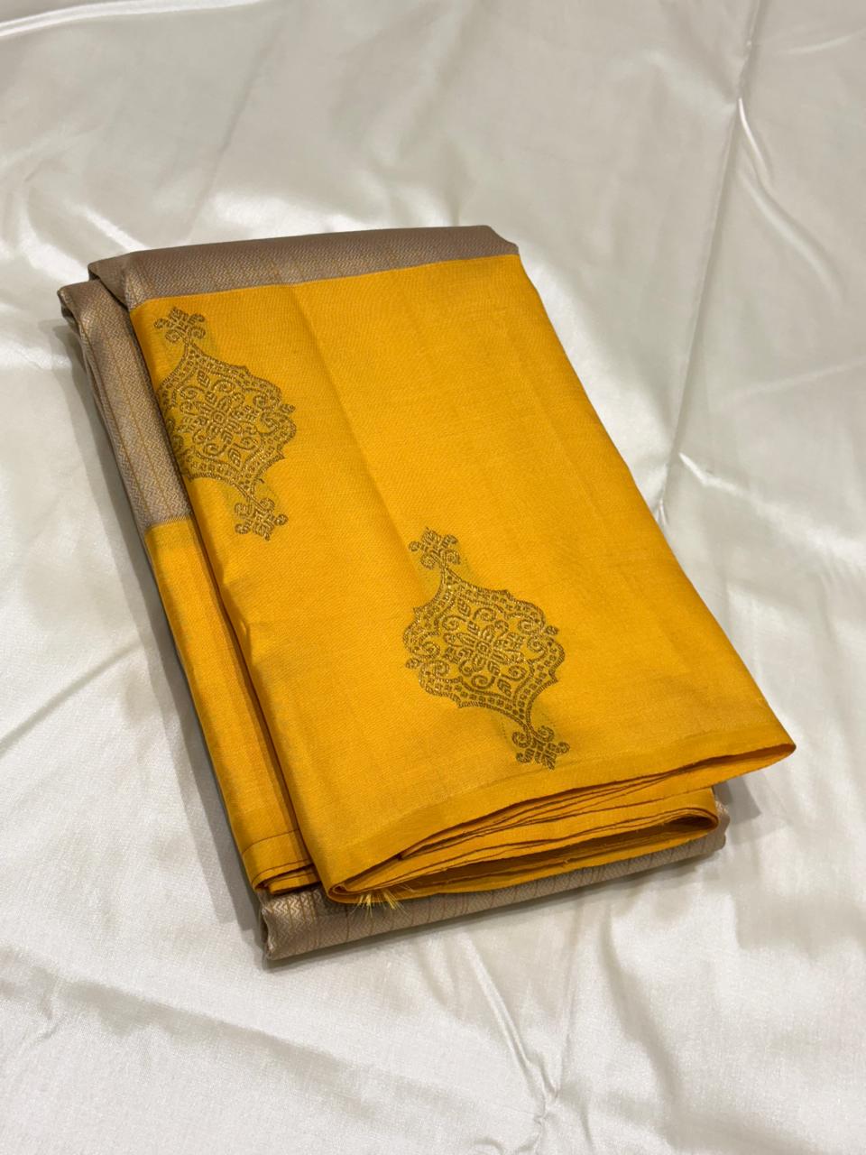 Silk Mark certified mustard yellow Kanchipuram silk saree with zari design