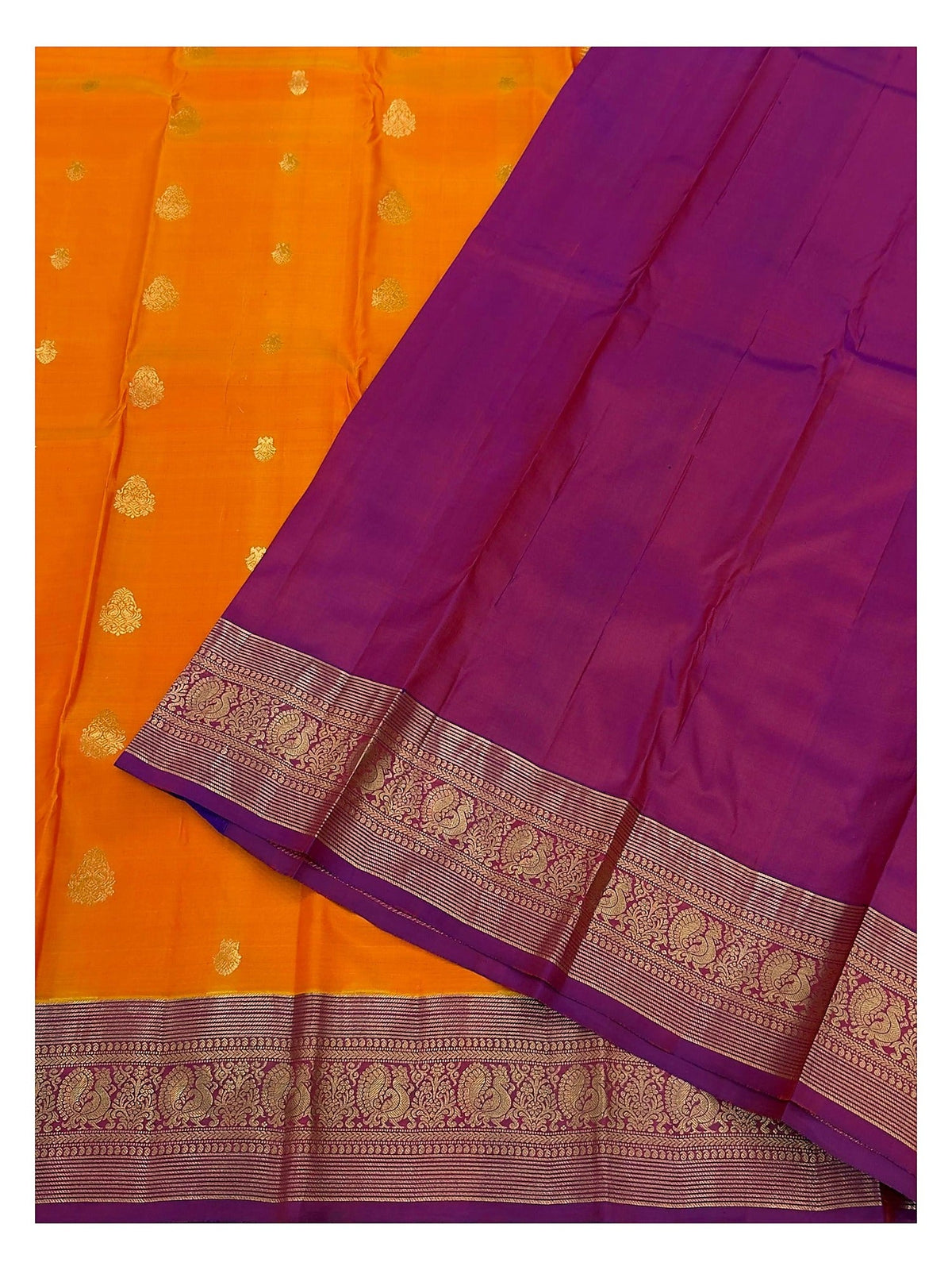 Orange Pure Silk Saree with Purple Peacock Zari Border and Contrast Pallu