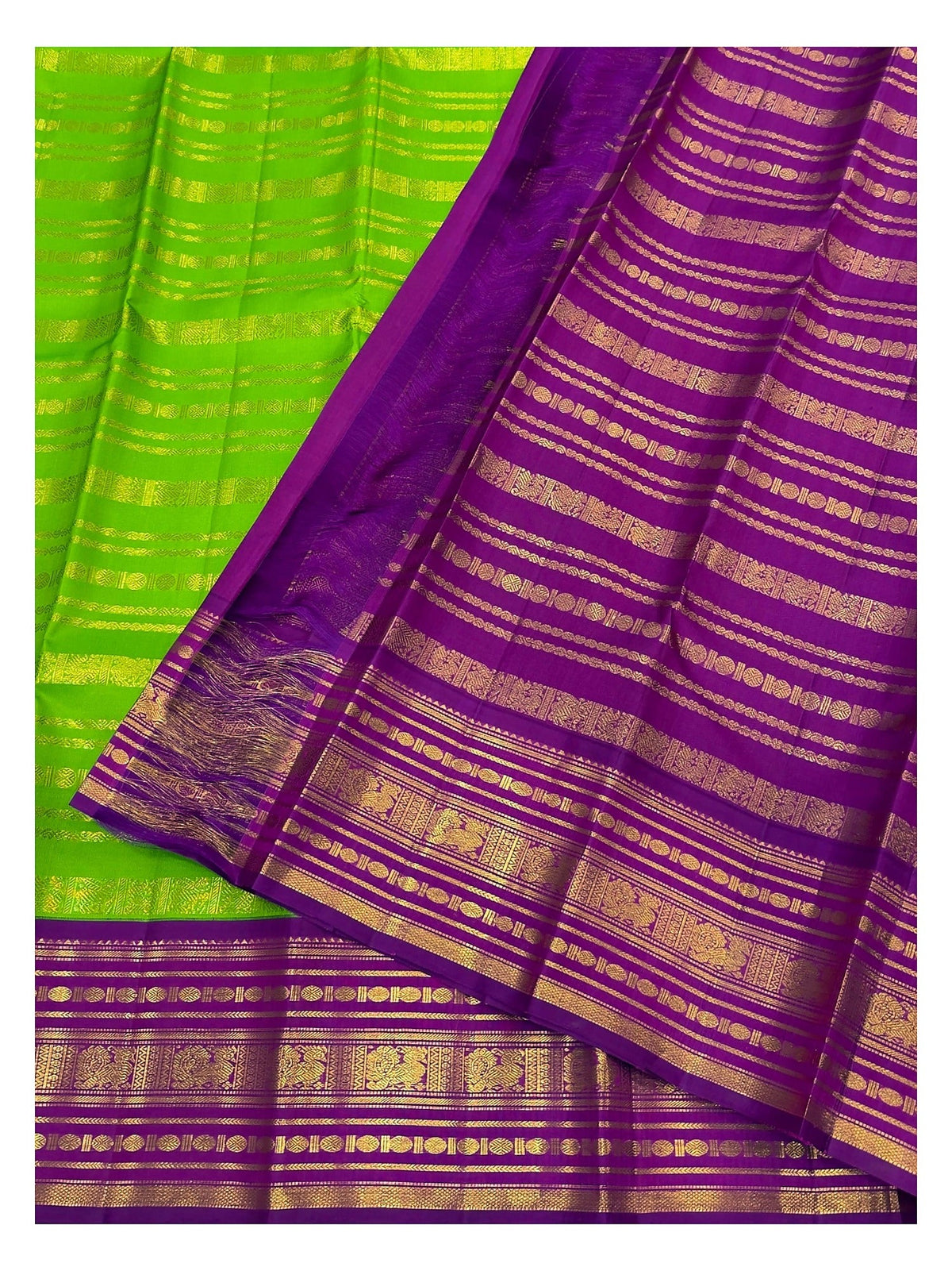 Parrot Green Handwoven Kanchipuram Silk Saree with Magenta Zari Border