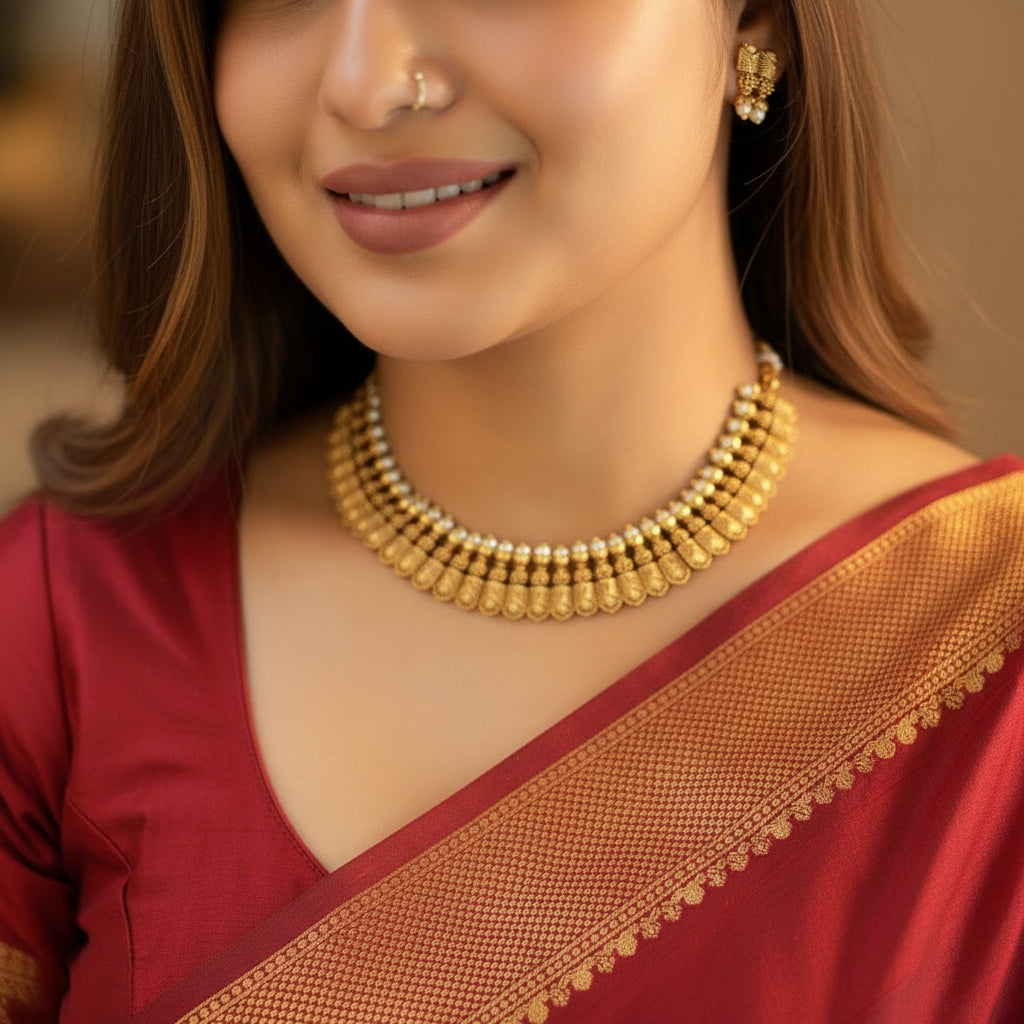 Pearl Box Short Necklace Set - Antique Gold Tone with Matching Earrings front view