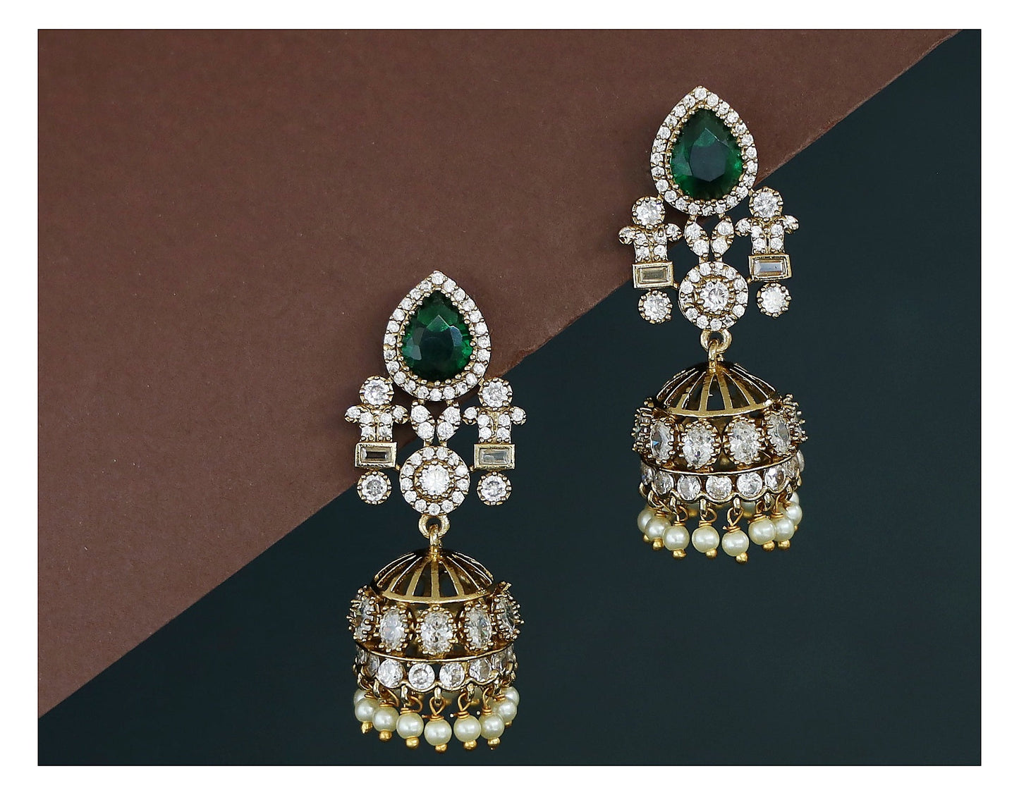 Pearl Jhumka Earrings - Dark Green Stone with Floral Detail front view