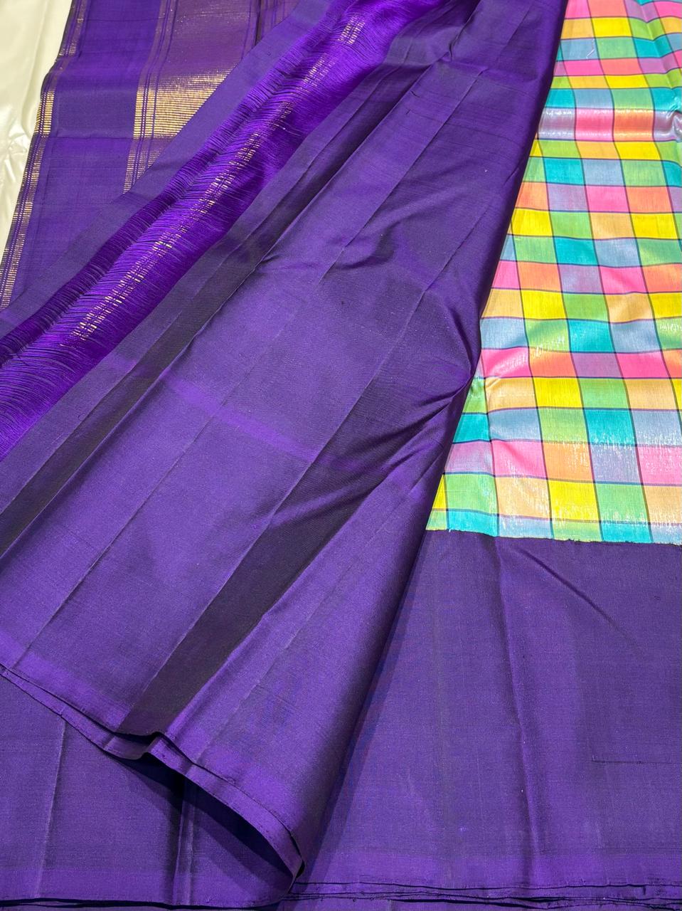 Silk Mark certified pure silk saree with multicolor checks and purple contrast border and blouse