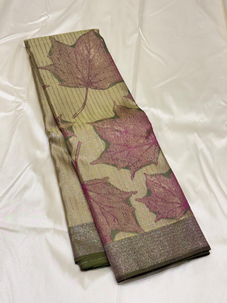 Silk Mark certified golden beige pure silk saree with floral design