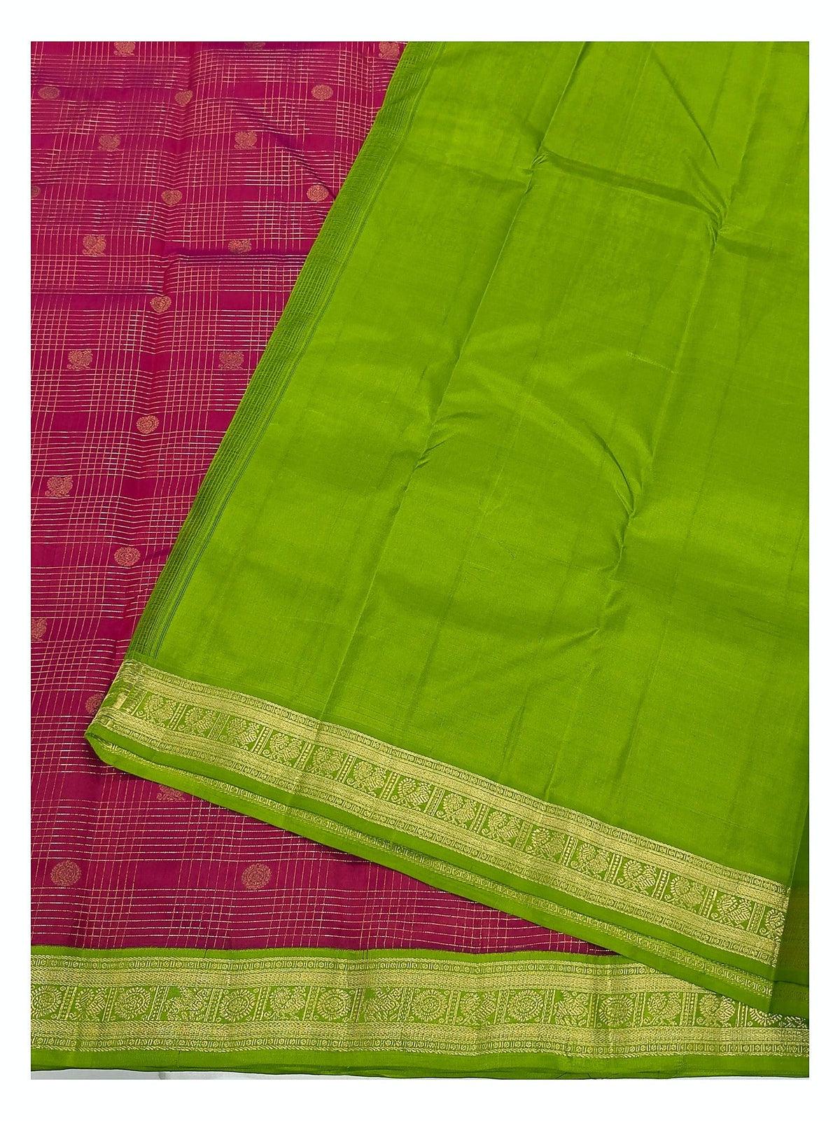 Pure Silk Saree - Rani Pink with Green Zari Border front view