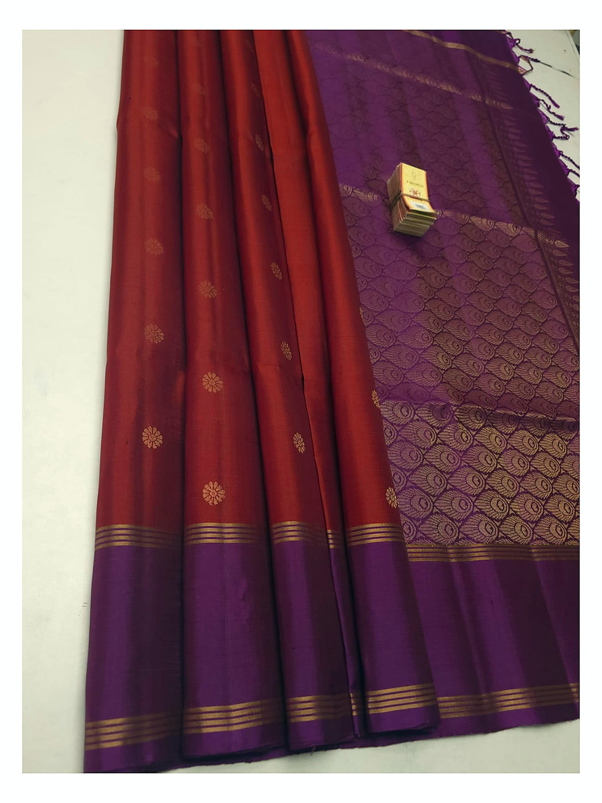 Pure Silk Saree - Rust Red with Purple Contrast Border front view