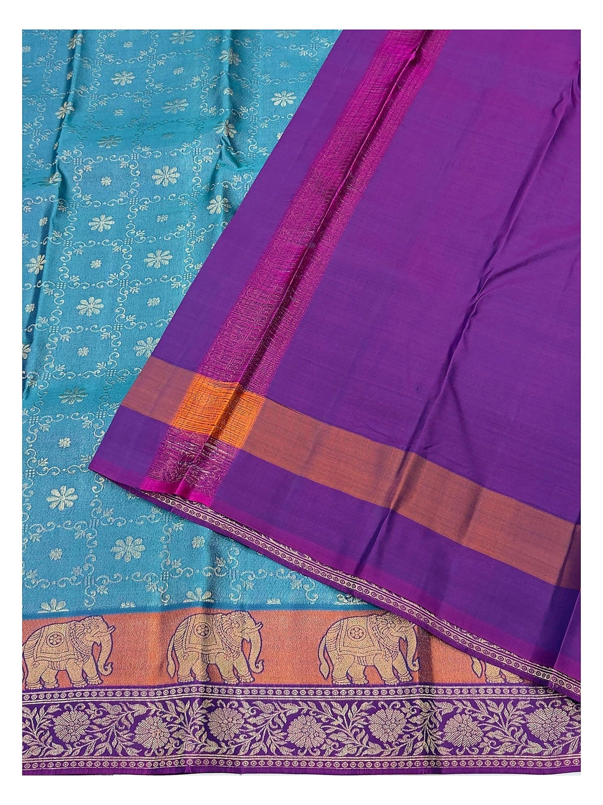 Pure Silk Saree - Teal Blue with Elephant Border and Purple Pallu