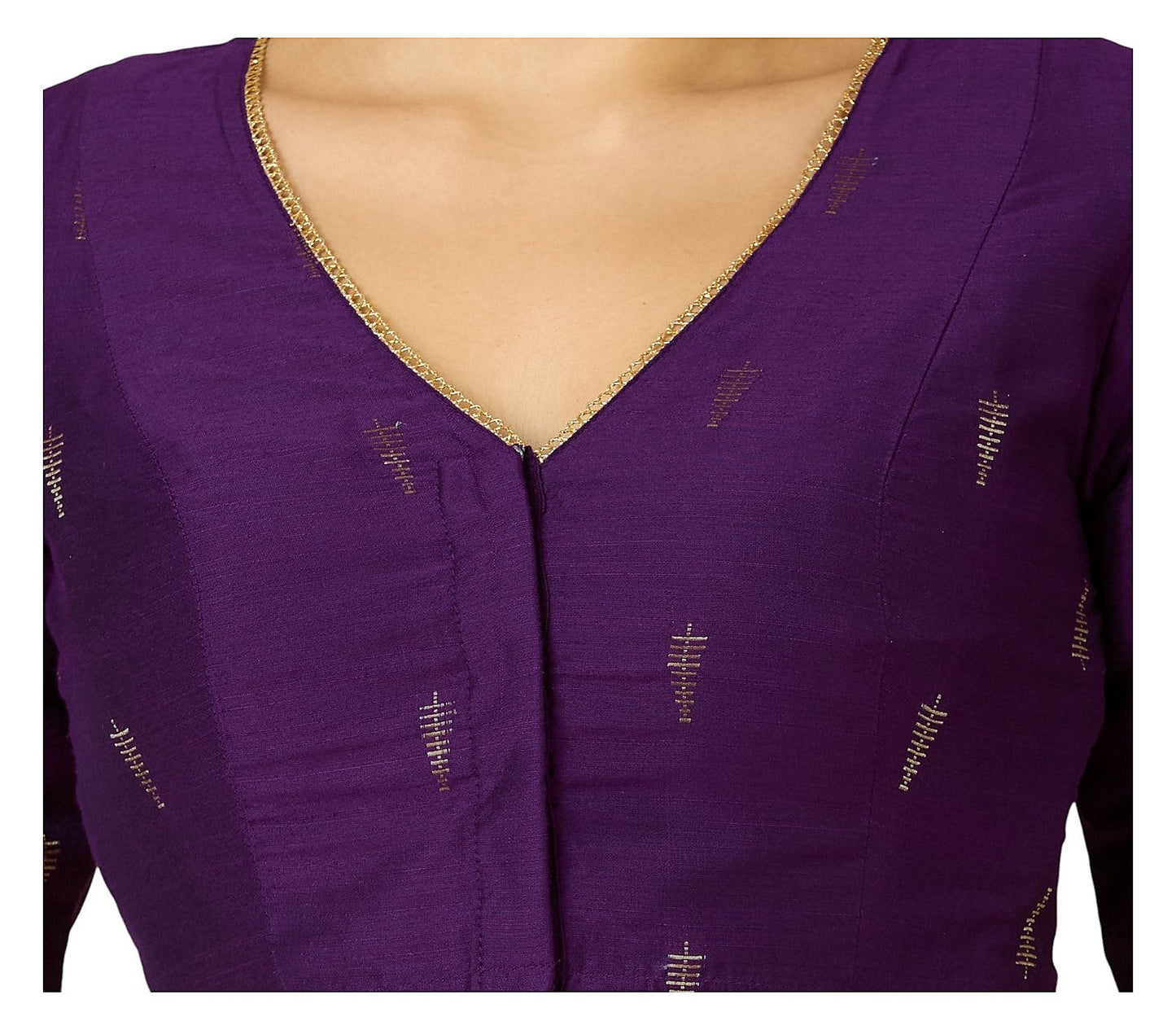 Purple Handloom Cotton Silk Ready-Made Blouse - V Neck with Elbow Sleeves