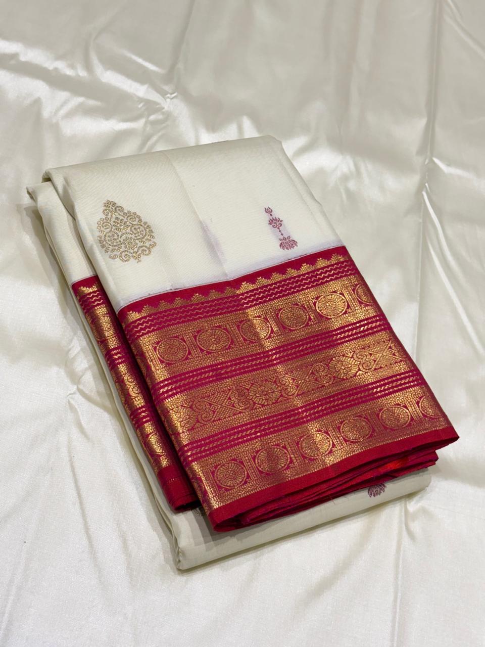Bridal ivory Kanchipuram silk saree with red pink border – handwoven design