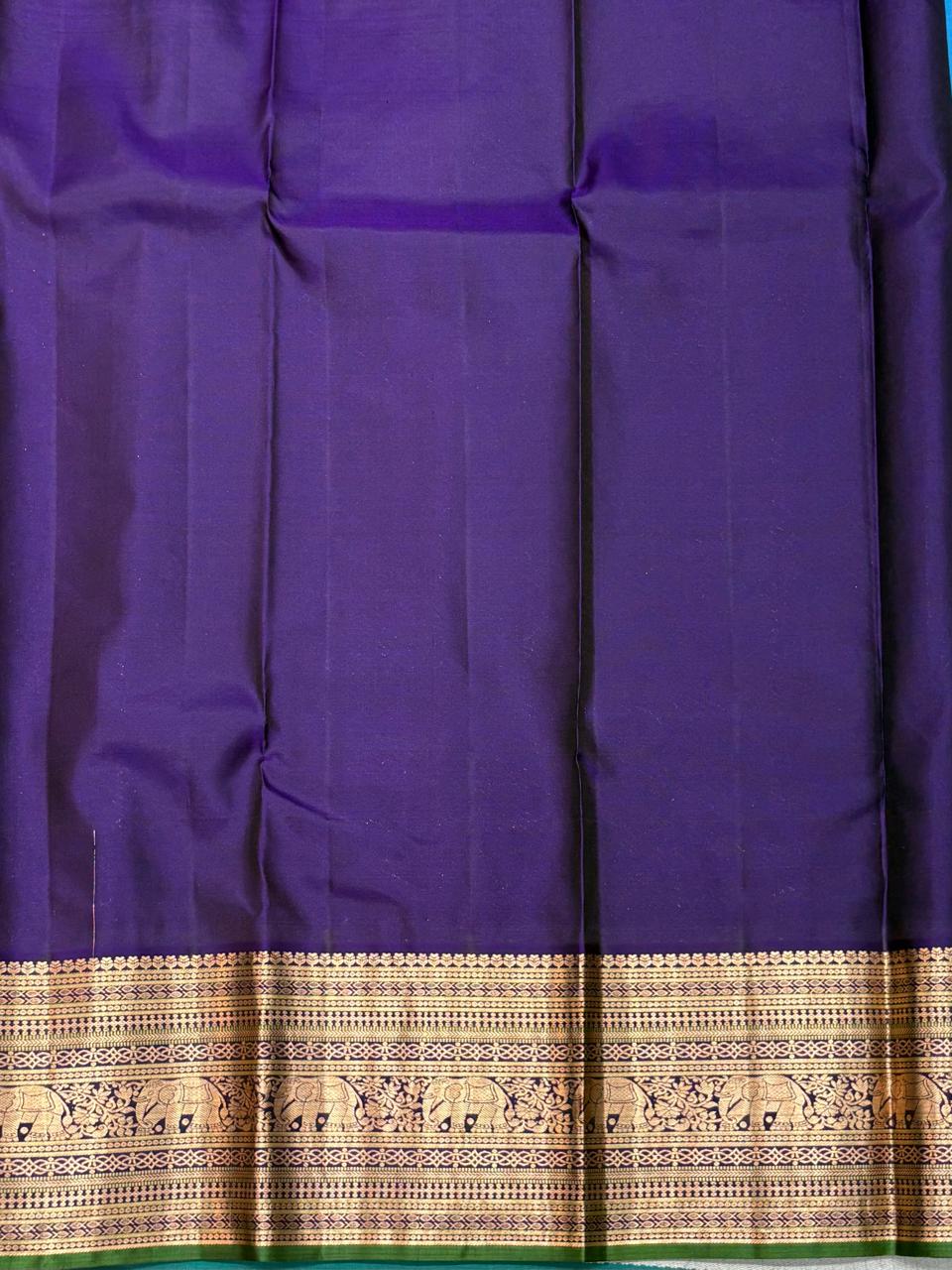 Blue Kanchipuram Pure Silk Saree with Zari Butta & Elephant Border – Handwoven & Silk Mark Certified