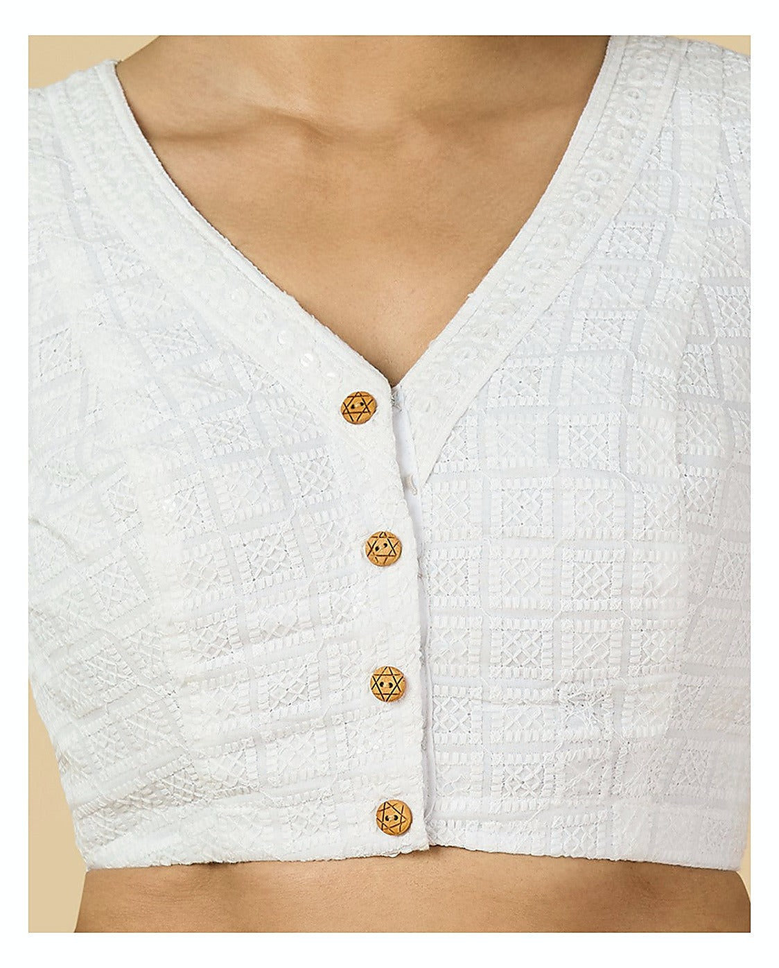 White Textured Cotton Blouse - V Neck with Short Sleeves