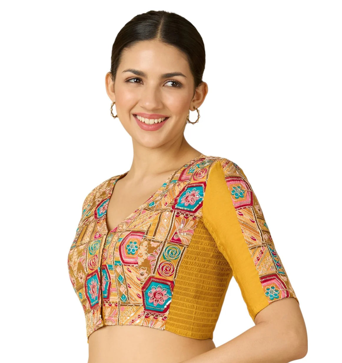 Women’s Yellow Viscose Crepe Embroidered Stretchable (Smocked) Saree Blouse | Festive Readymade Blouse