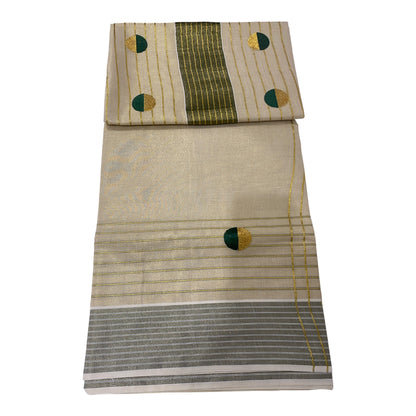 Tissue Saree in Cream with Bottle Green and Gold Buttas
