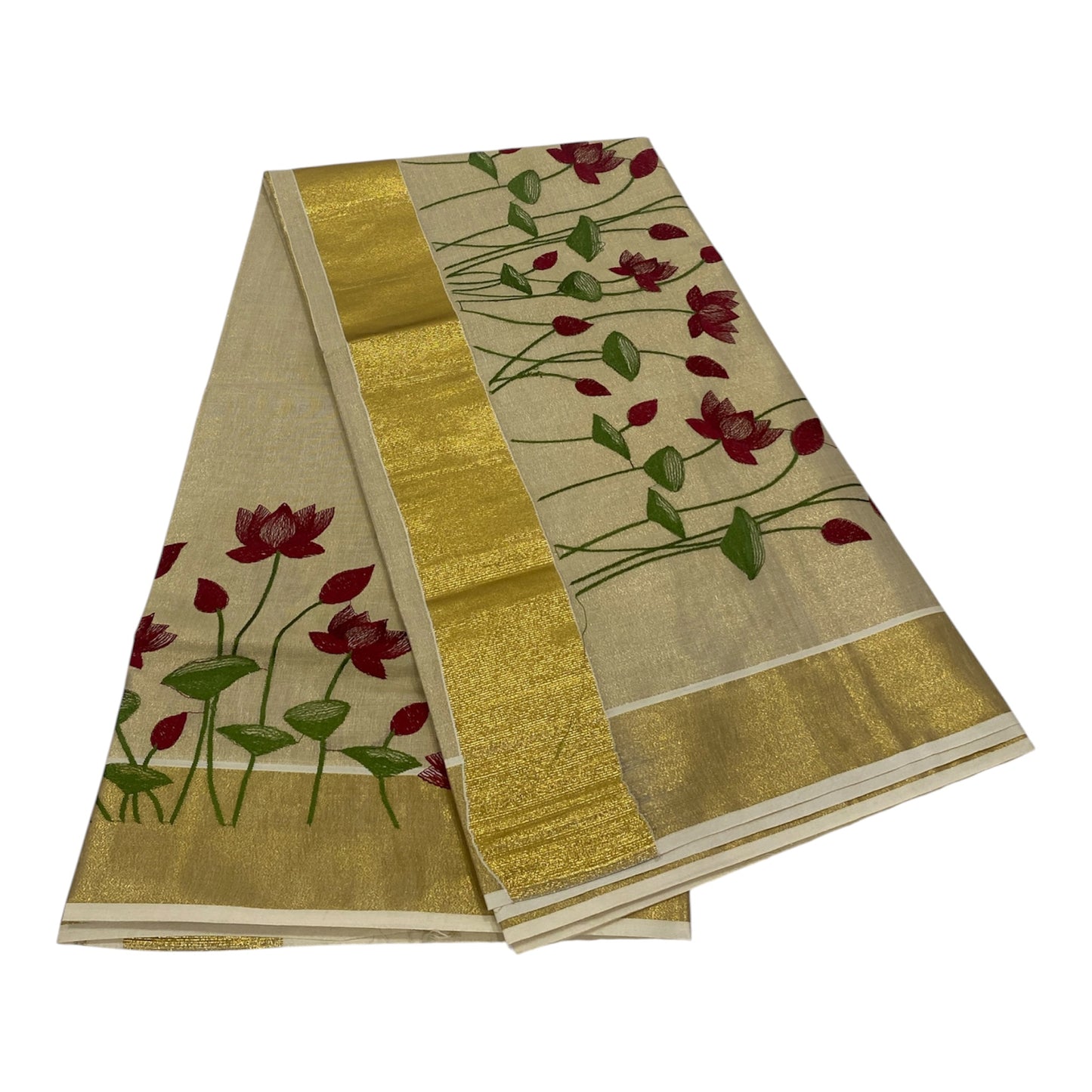 Premium Tissue Saree in Gold with Maroon Floral Motifs
