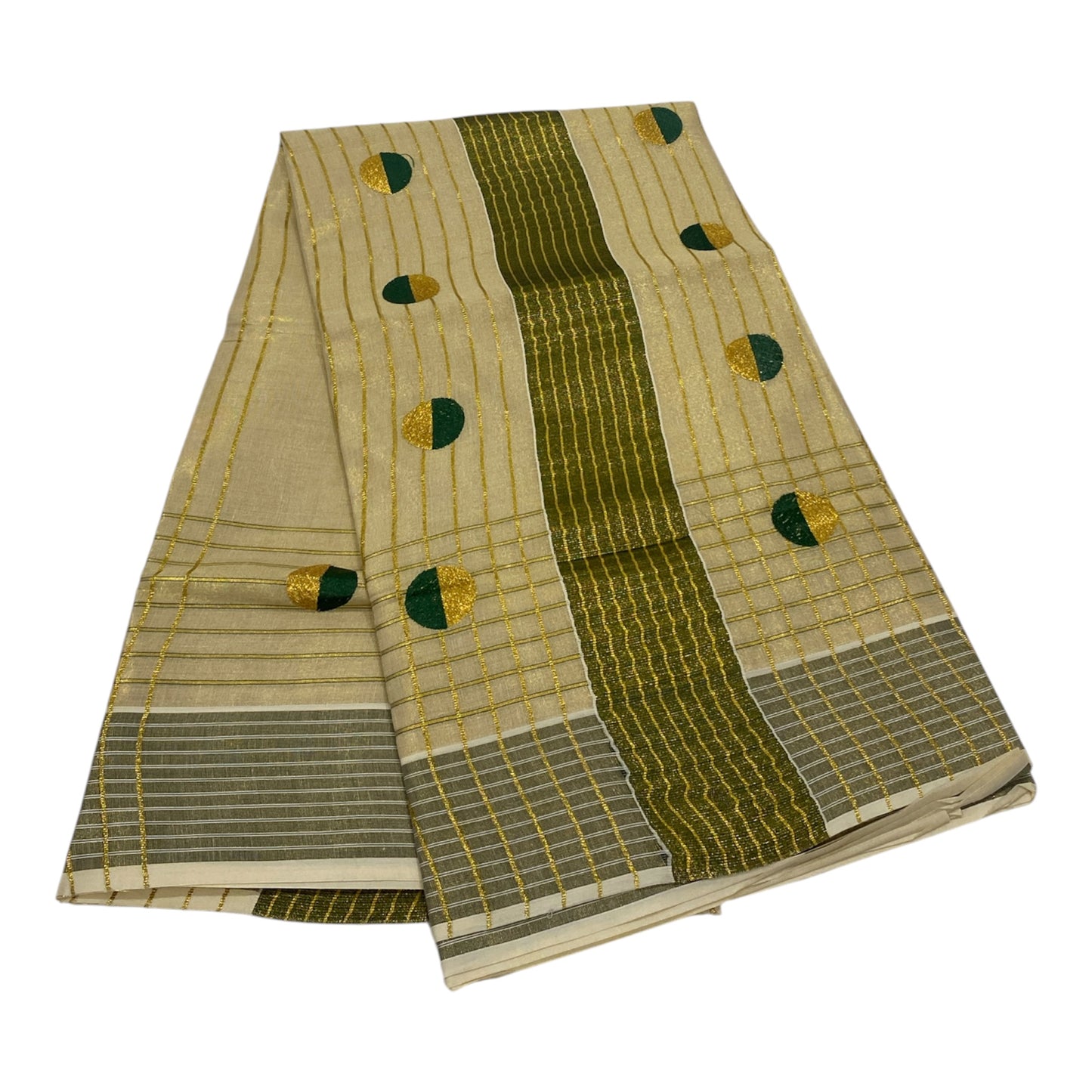 Tissue Saree in Cream with Bottle Green and Gold Buttas
