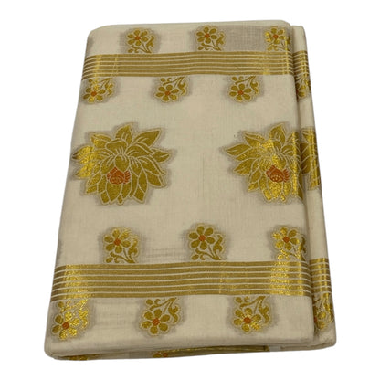 Premium Cotton Saree in Cream with Gold and Orange Floral Motifs