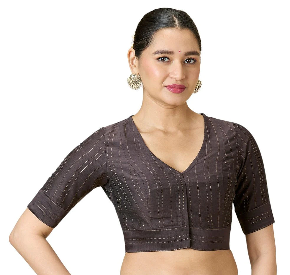 Grey Cotton Silk Blend Ready-to-Wear Saree Blouse with Zari Stripes – V Neck, Elbow Sleeves