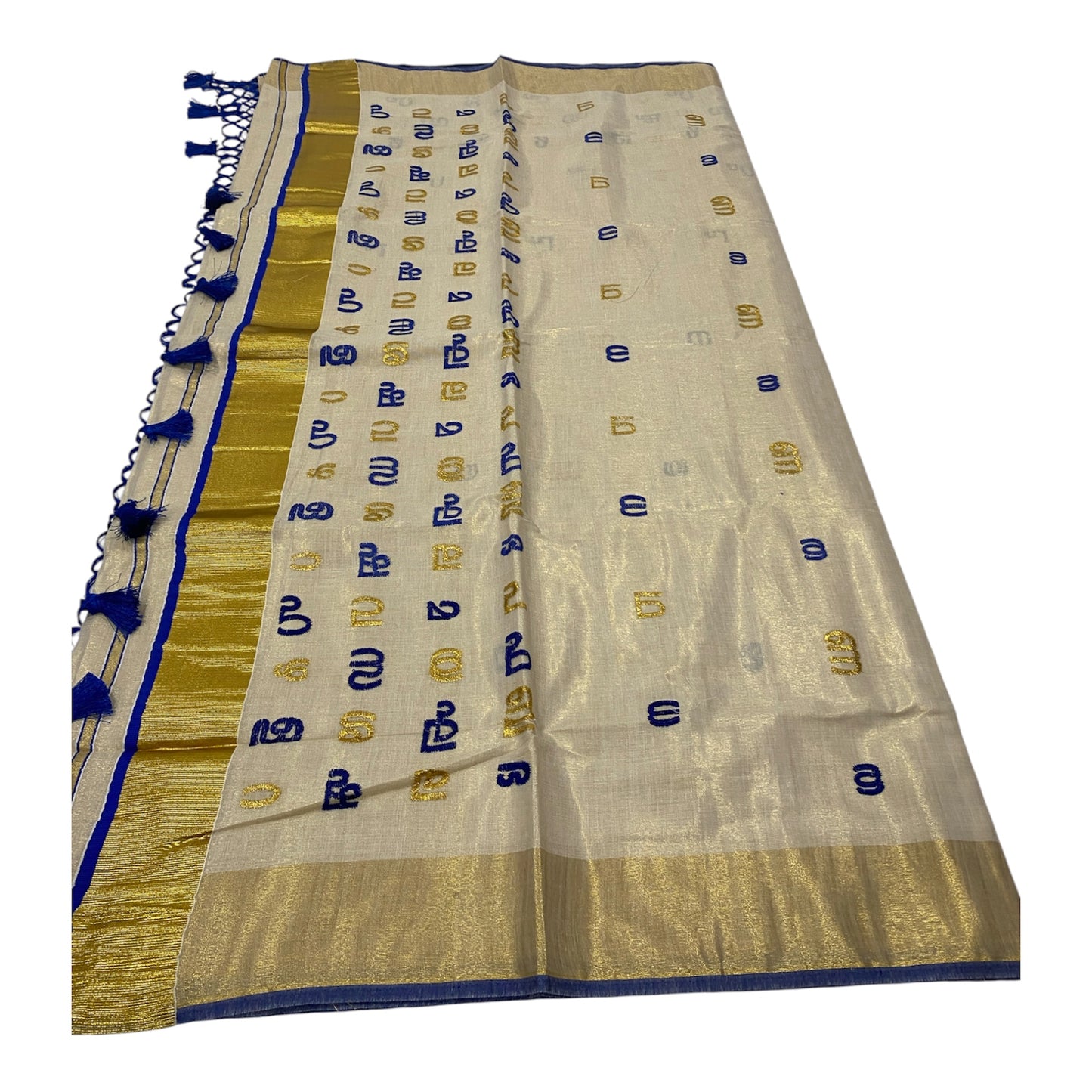 Malayalam Heritage Onam Saree with Royal Blue Letter Motifs and Tassels