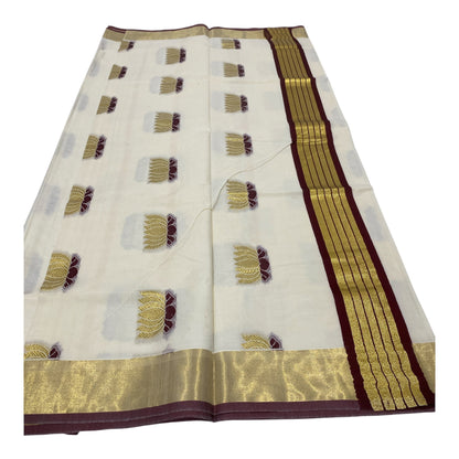 Kerala Onam Saree with Maroon & Gold Border and Lotus Motifs