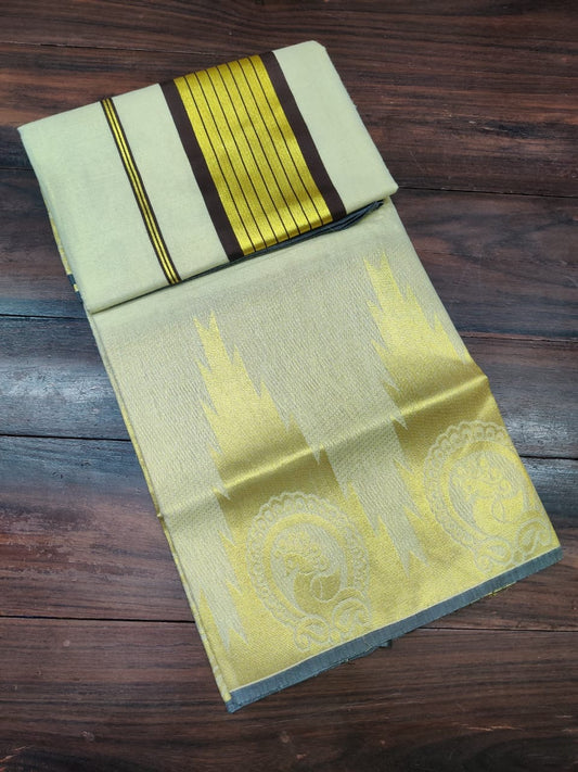 Kerala Tissue Set Saree With Temple Border | Coffee Brown and Golden Border