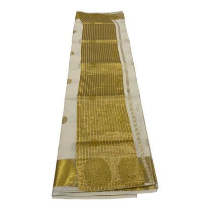 Premium Cotton Saree in Off-White with Golden Buttas and Polka Dot Border