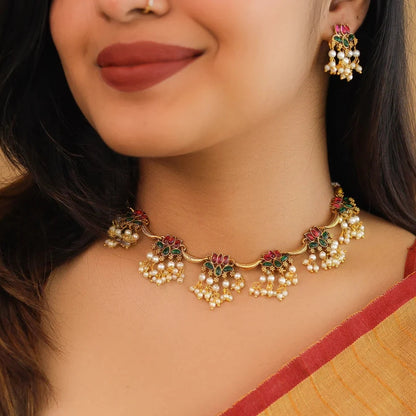 Arusha Lotus Pearl Short Neckpiece Set with Earrings - Tourmaline + Green