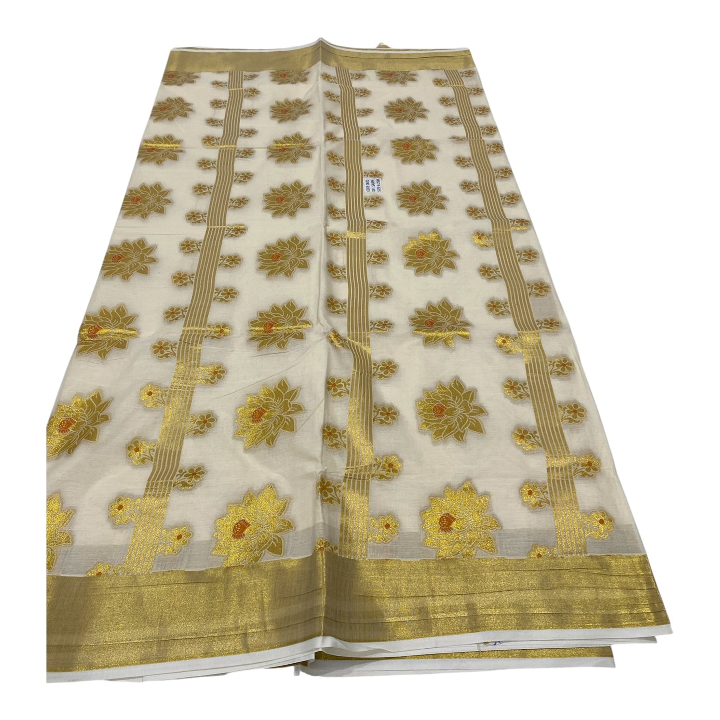 Premium Cotton Saree in Cream with Gold and Orange Floral Motifs
