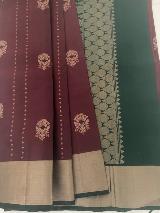 Pure Kanchipuram Silk Saree in Maroon & Green with Gold Zari | Silk Mark Certified