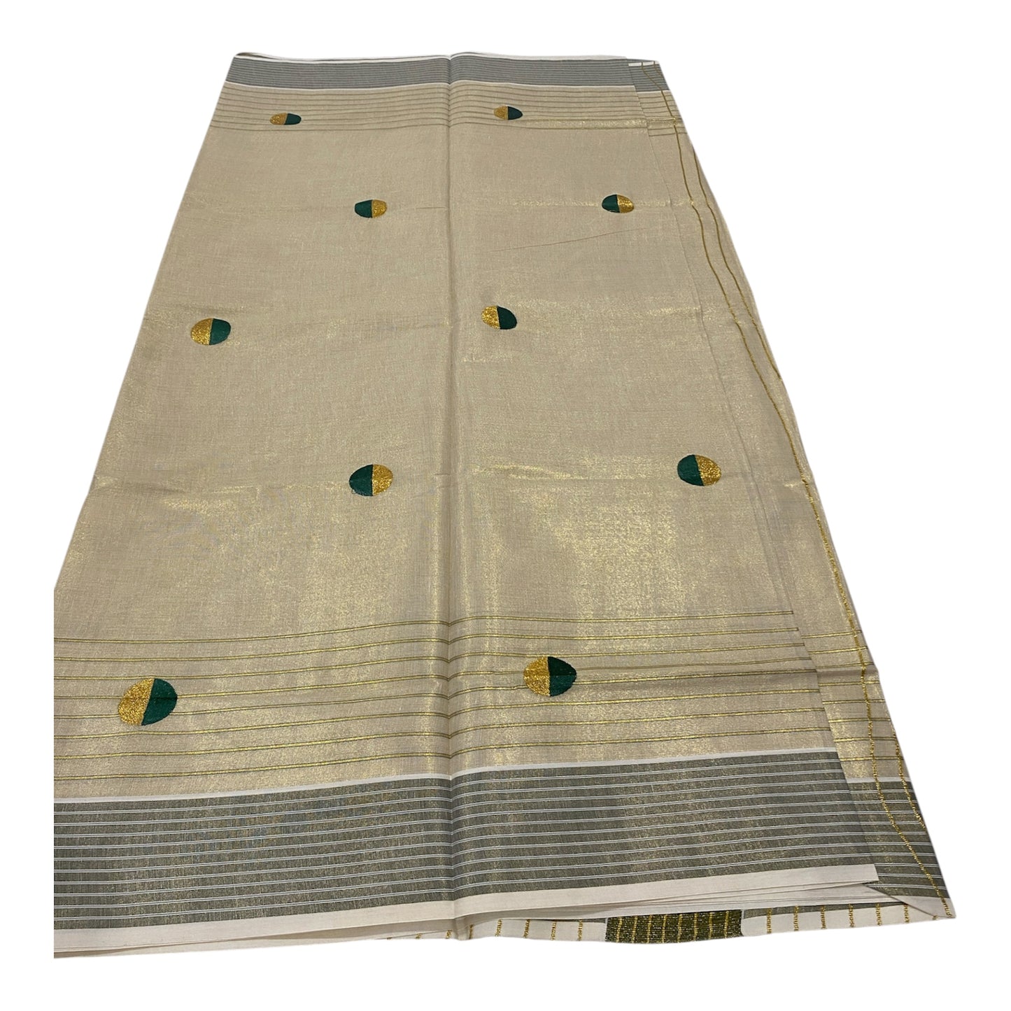 Tissue Saree in Cream with Bottle Green and Gold Buttas