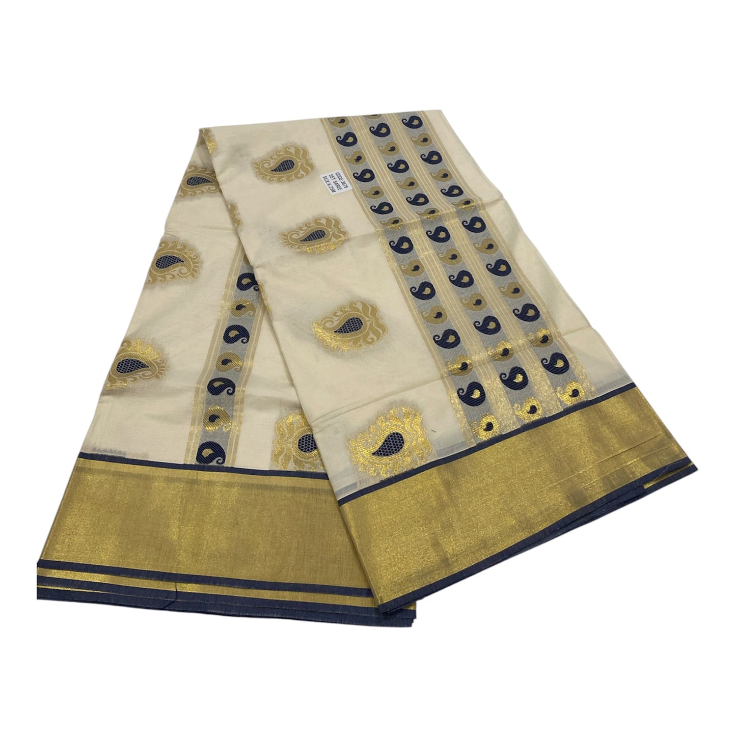 Premium Cotton Saree in Cream with Gold and Navy Blue Buttas