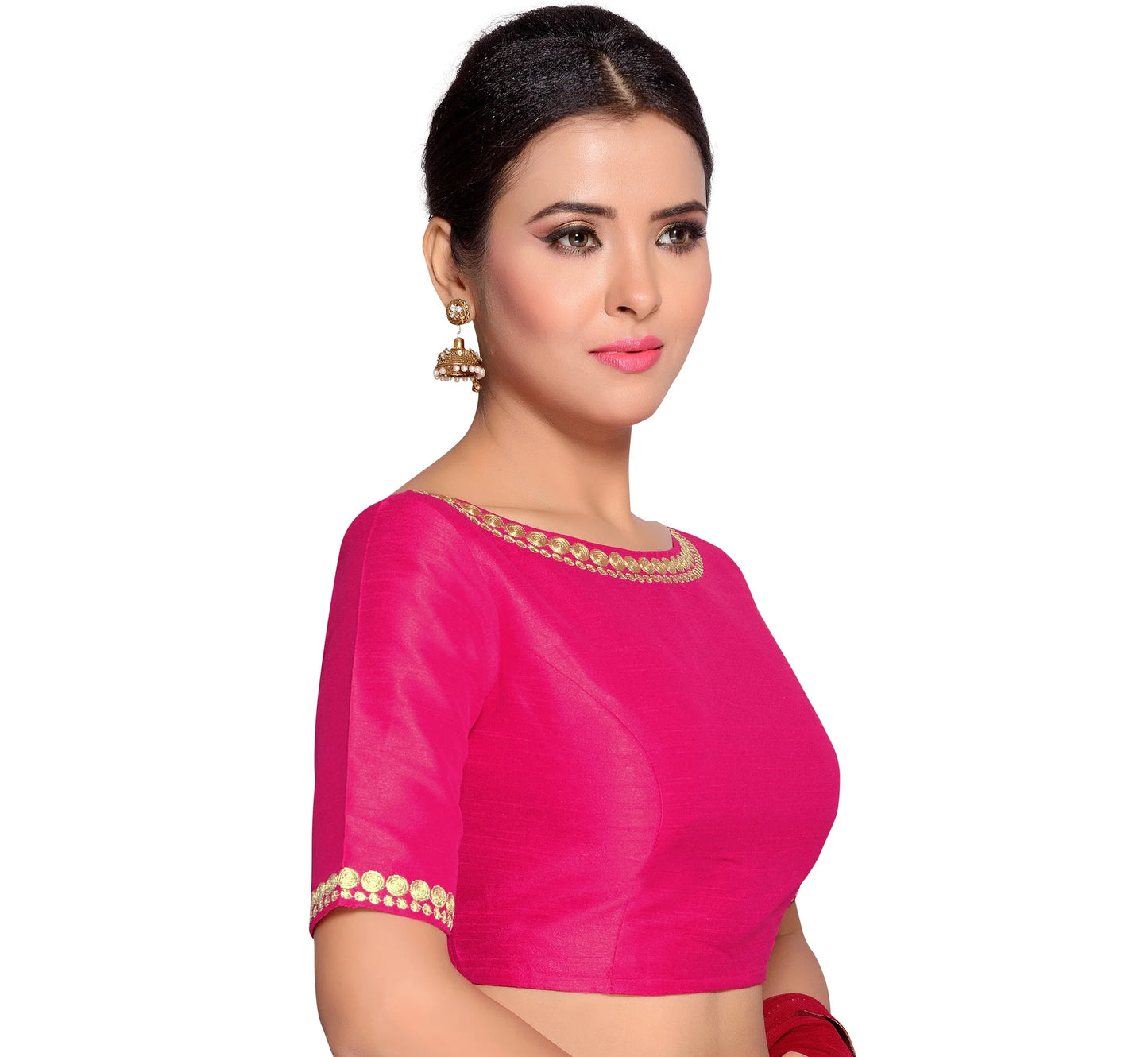Hot Pink Polyester Blouse with Embroidered Elegance