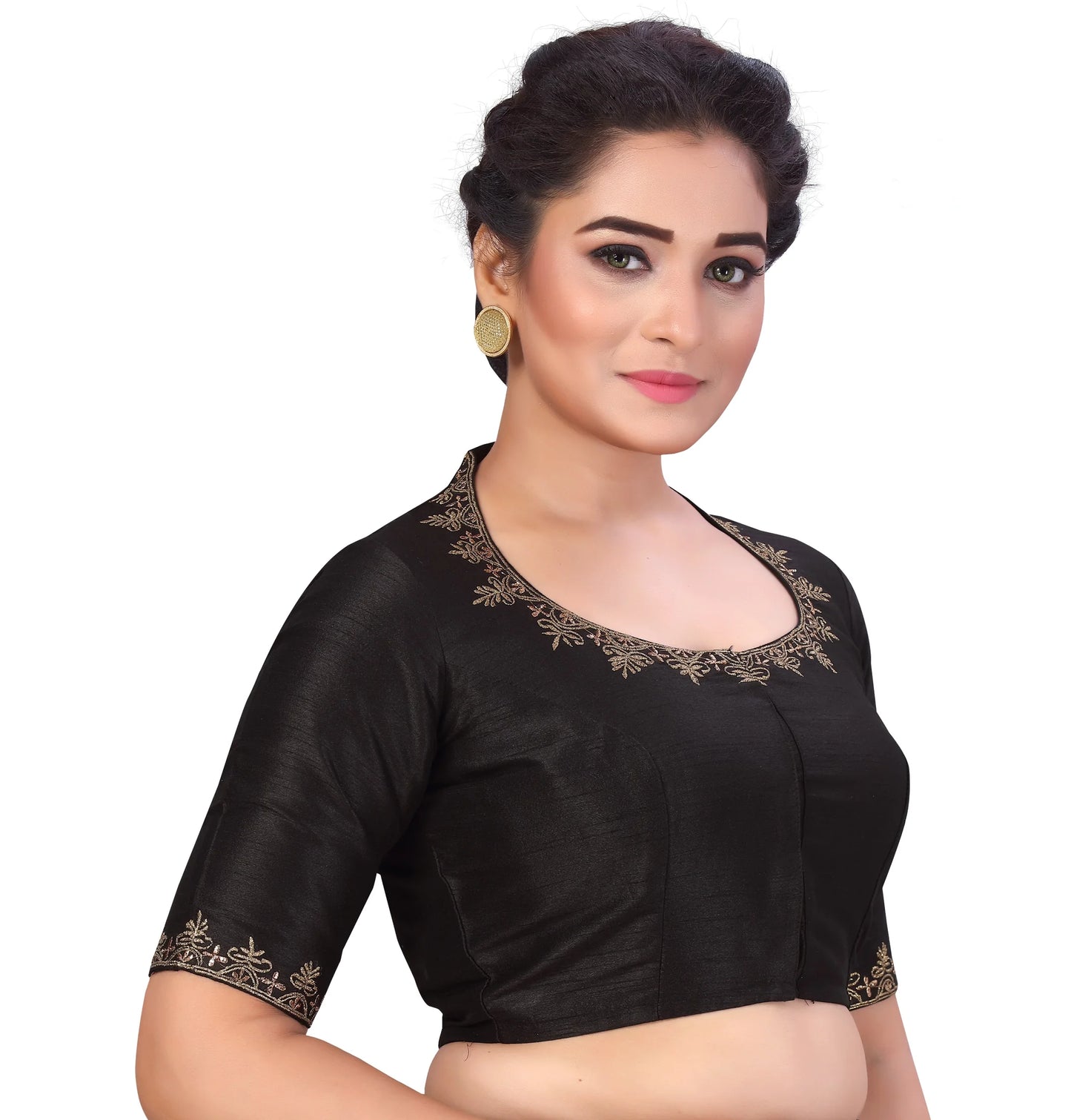 Embroidered Saree Blouse with Matka Neckline - Black